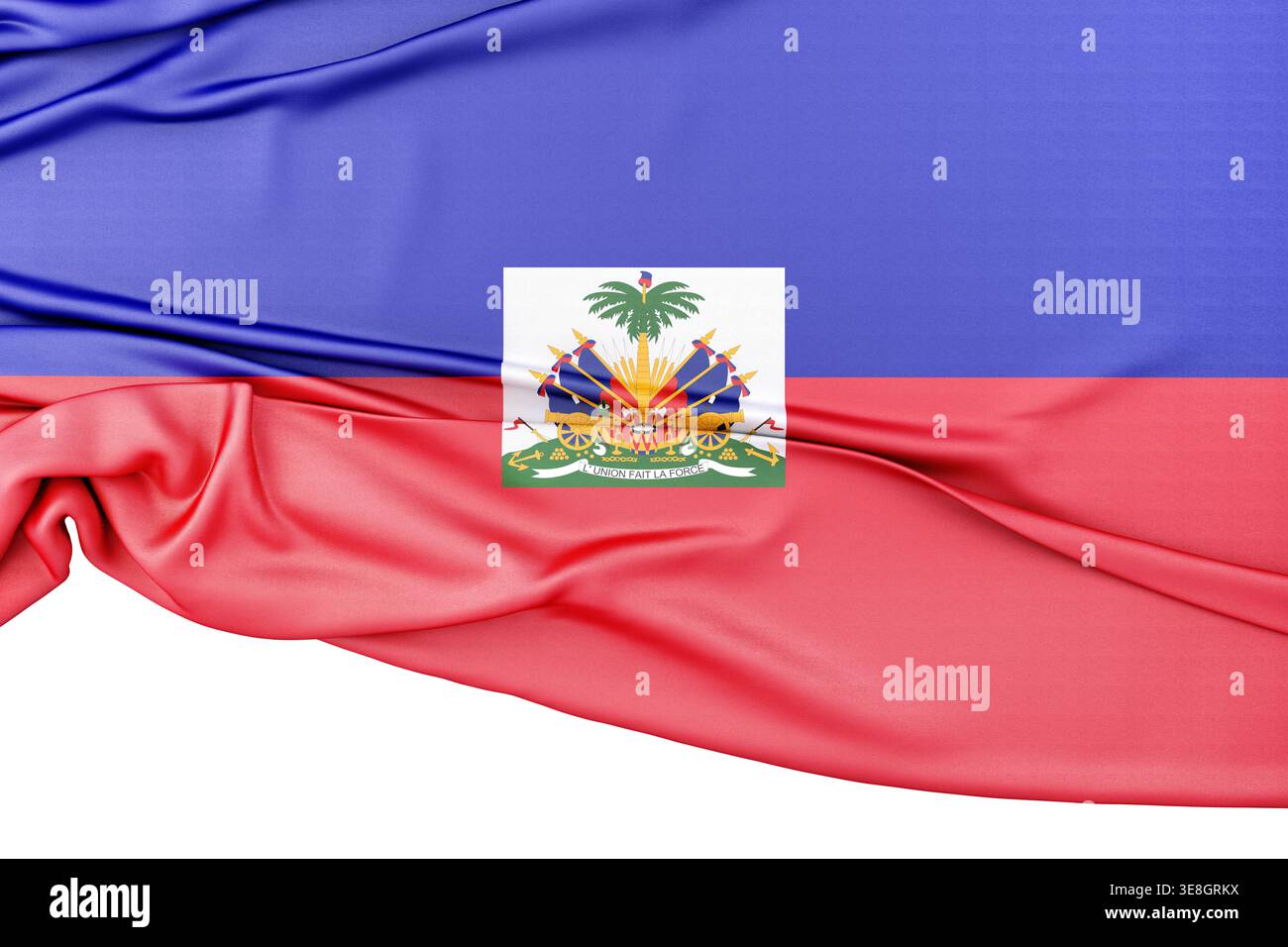 Haitis Nationalflagge, die mit gewellter Textur fliegt. 3D-Rendering Stockfoto