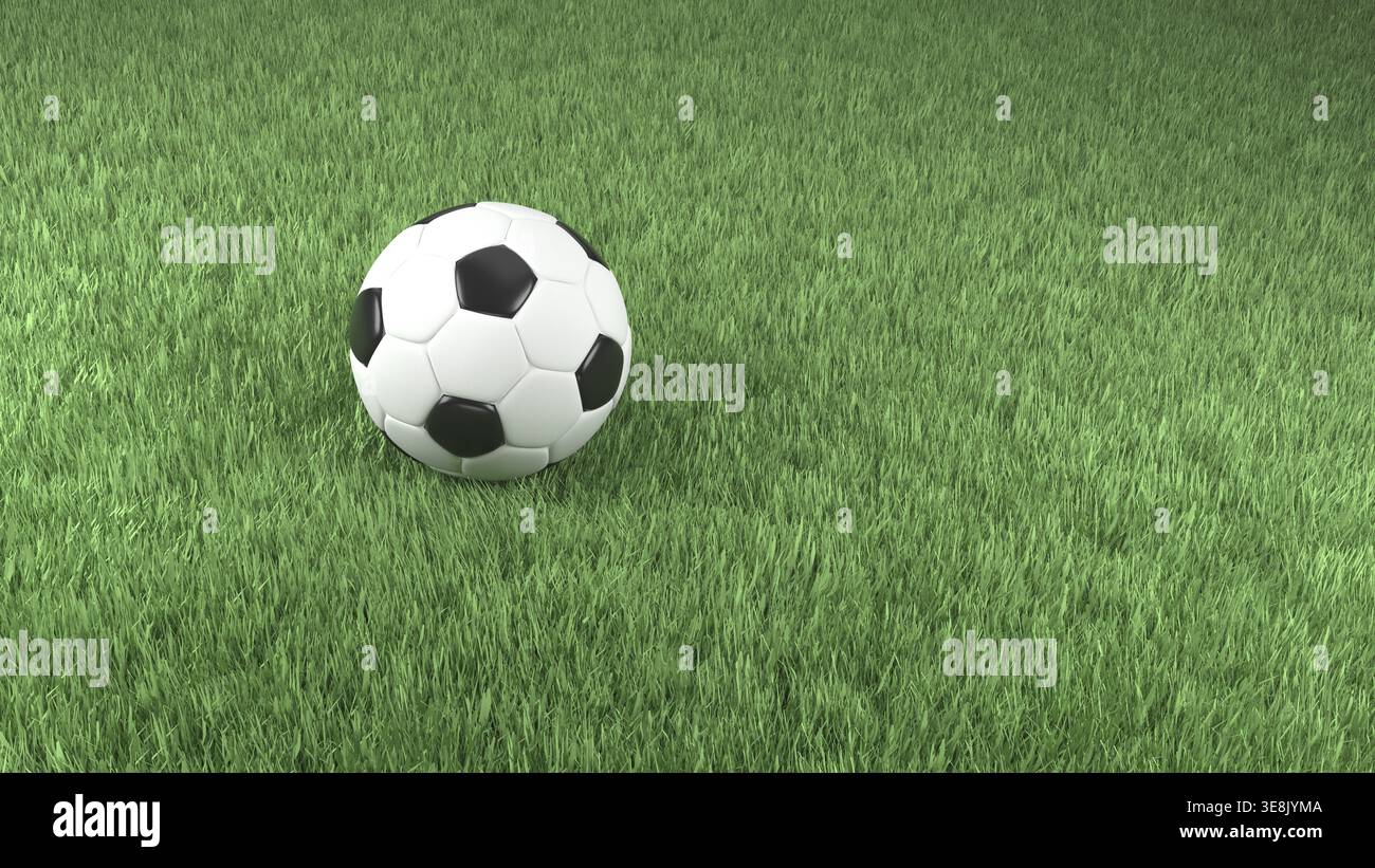 Realistisches 3D-Rendering eines Fußballs auf grünem Gras Stockfoto