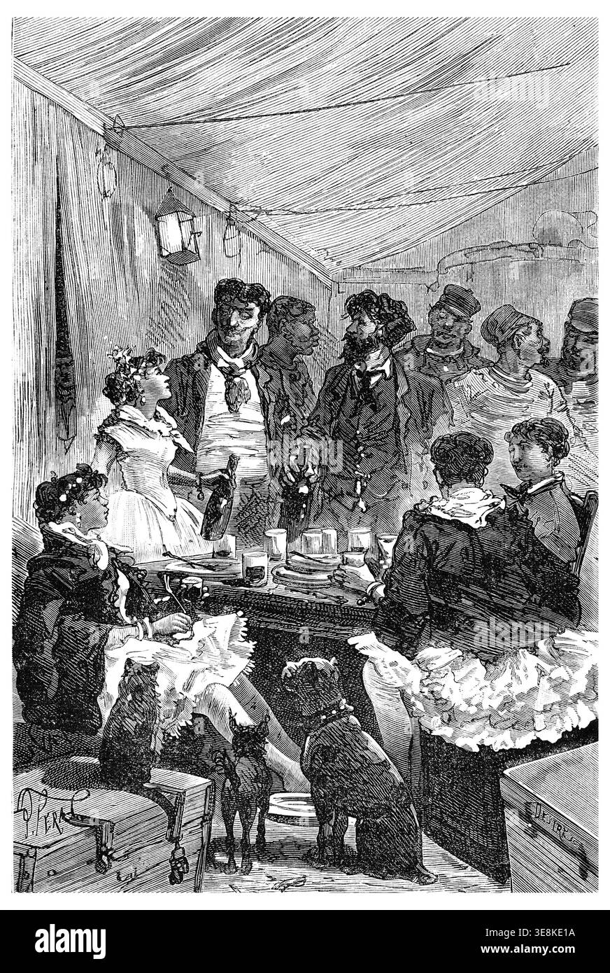 Sie saßen um einen Tisch mit Frauen in rosafarbenen Strumpfhosen und Tutus, eine Vintage-Gravur. Journal des Voyage, Travel Journal, (1880-81) Stockfoto