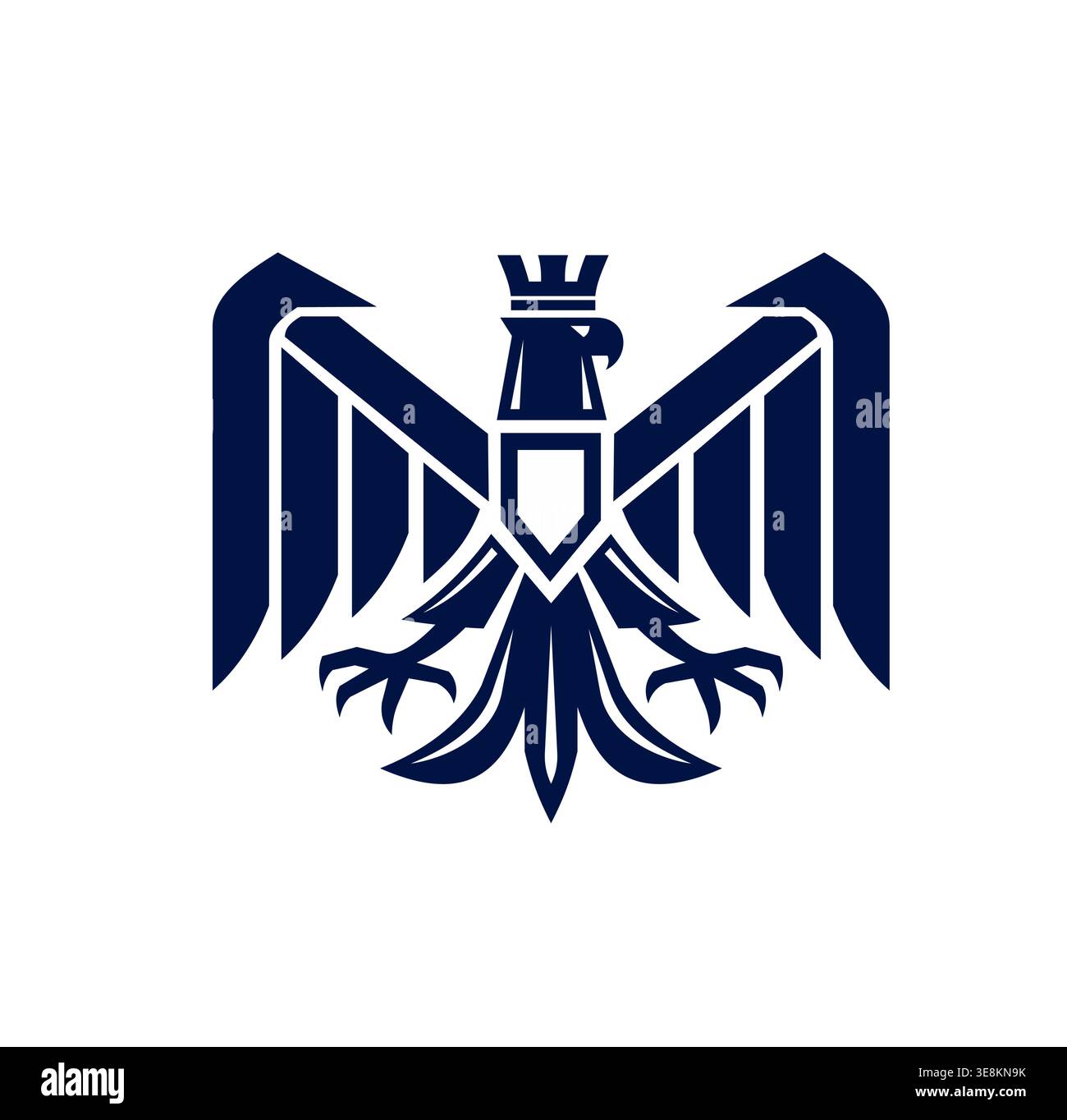 Königsadler mit Krone, Wappensymbol oder Emblem für Heraldik, Vektorwappen. Mittelalterlicher Adler im gotischen Stil mit Schild und kaiserlicher Krone mit Flügelfedern und Krallen für Wappenzeichen Stock Vektor