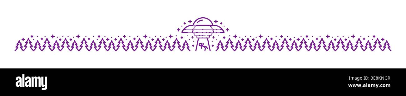 Alien-UFO und Astronomie-Linienteiler oder Rahmengrenze. Astronomie-Teiler, Galaxie-Weltraum-Erkundungsvektortrenner. Raumforschungsgrenze mit Alien fliegenden Untertassen, die Menschen entführen Stock Vektor