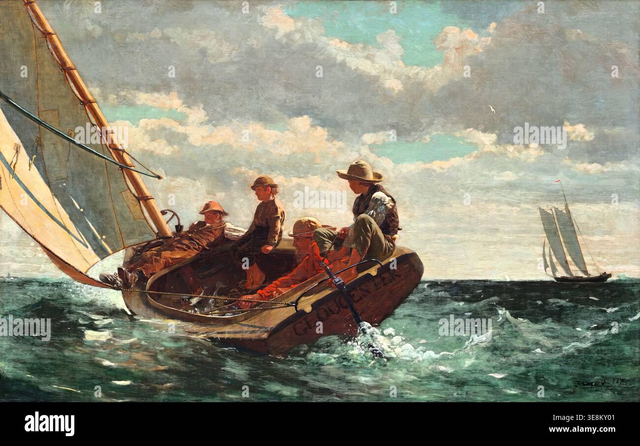 Winslow Homer – Breezing Up (A Fair Wind), 1873–1876 – Realismus, der eine Segelszene durch helles Küstenlicht darstellt | ArchiVerse Stockfoto