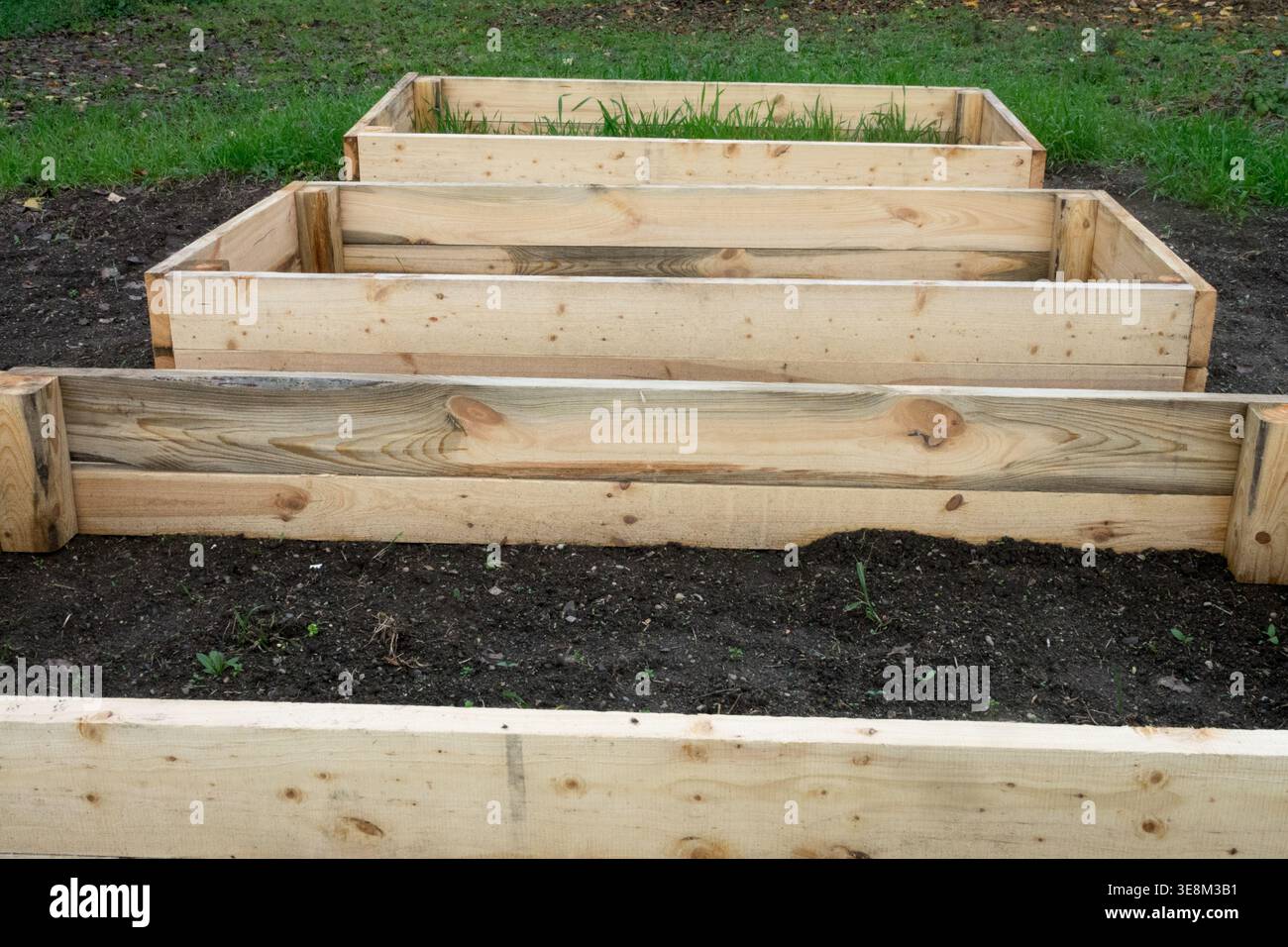 Leere Hochbeete aus Holz in einem Garten, der zum Anpflanzen von Gemüse vorbereitet ist Stockfoto
