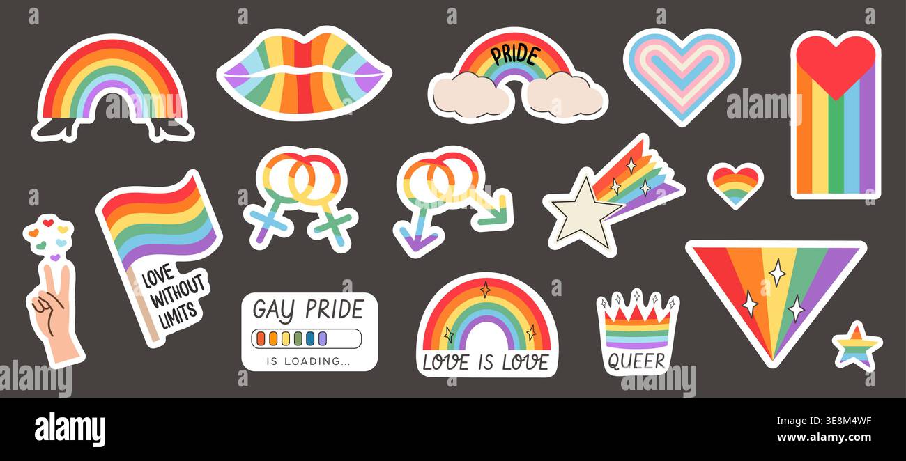 Stolz gestanzter Aufkleber mit Regenbogensymbolen. Handgezeichnete LGBTQ-Elemente. Queere Herzen, Flaggen, Symbole und positive Slogans. Trendige Retro-Aufkleber für Stock Vektor