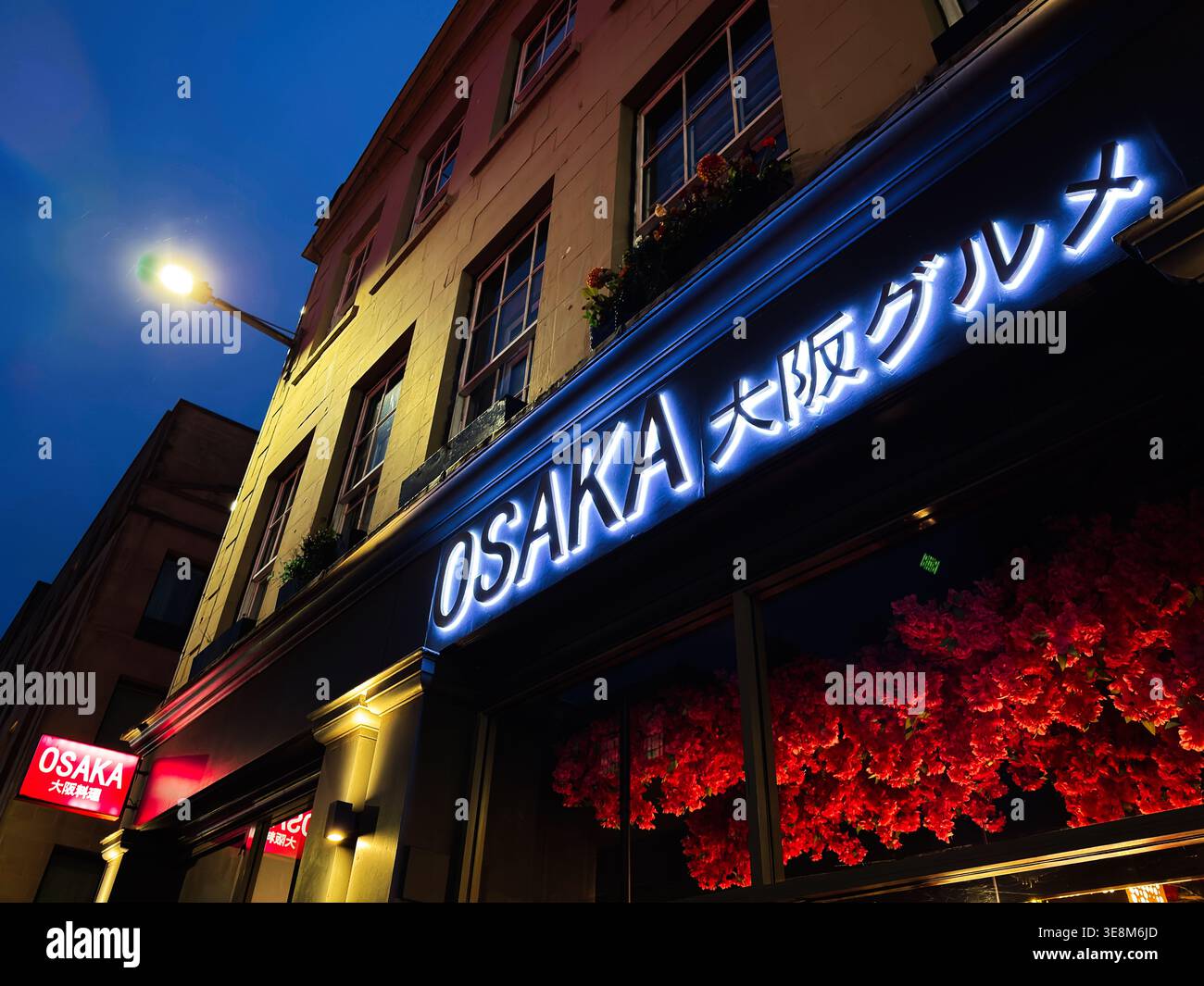 Edinburgh, Schottland, Großbritannien - 16. Februar 2026: Leuchtendes Osaka Neon-Restaurantschild in einem historischen Edinburgh-Schaufenster, Blumenschmuck und lebhafte Nachttischlerei Stockfoto