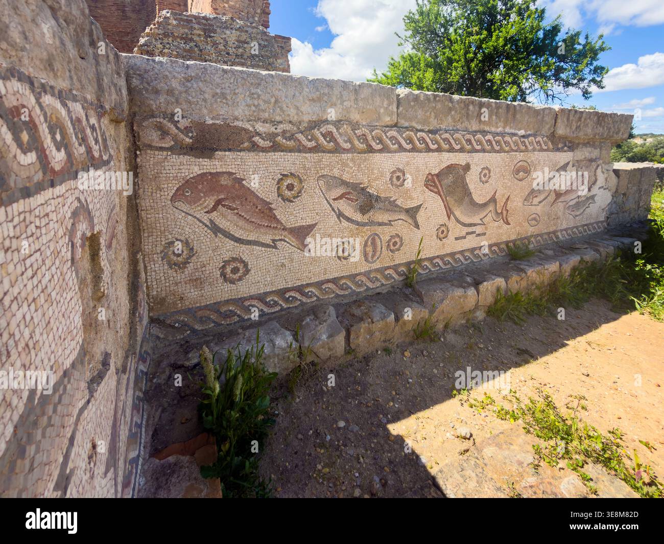 Antike römische Mosaikfliesen, die Fische und Meereslebewesen an der archäologischen Stätte der römischen Ruinen von Milreu darstellen - Smartphone-aufgenommenes Stockfoto