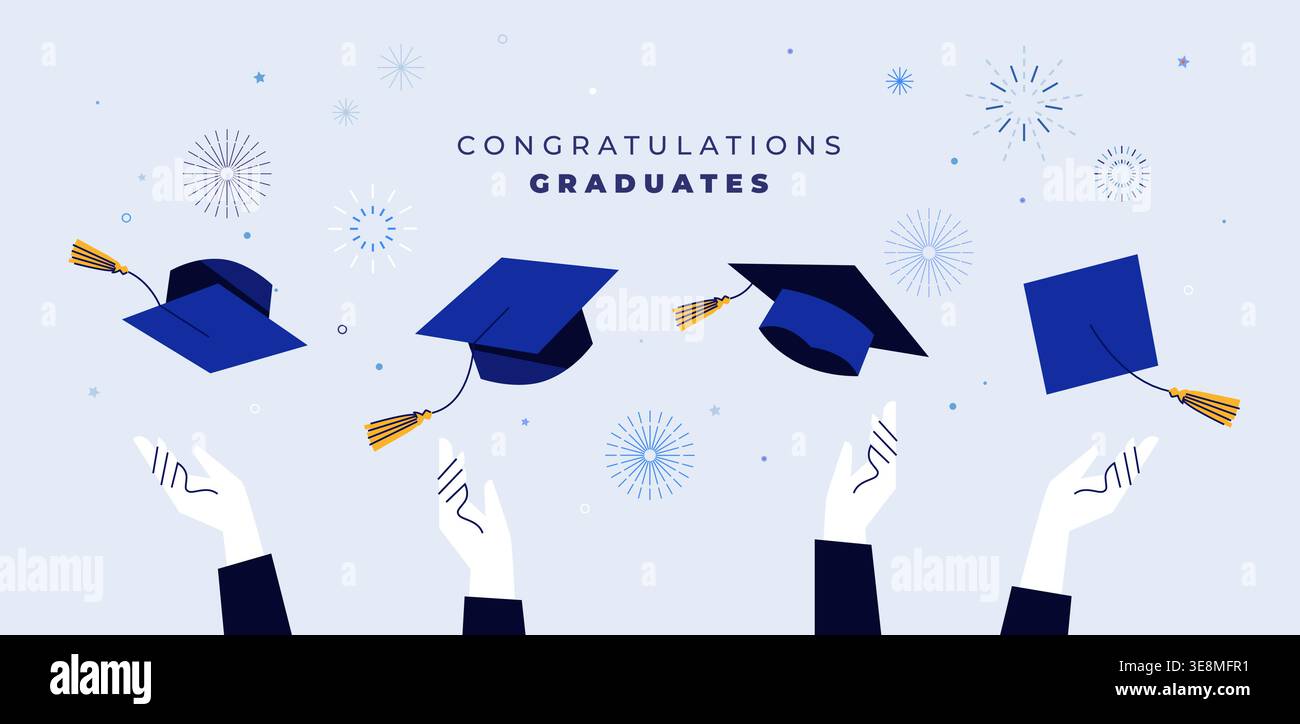 Moderne flache Graduierung Happy Graduate mit erhobenen Händen und Feuerwerk auf hellblauem Hintergrund. Horizontales Banner Stock Vektor
