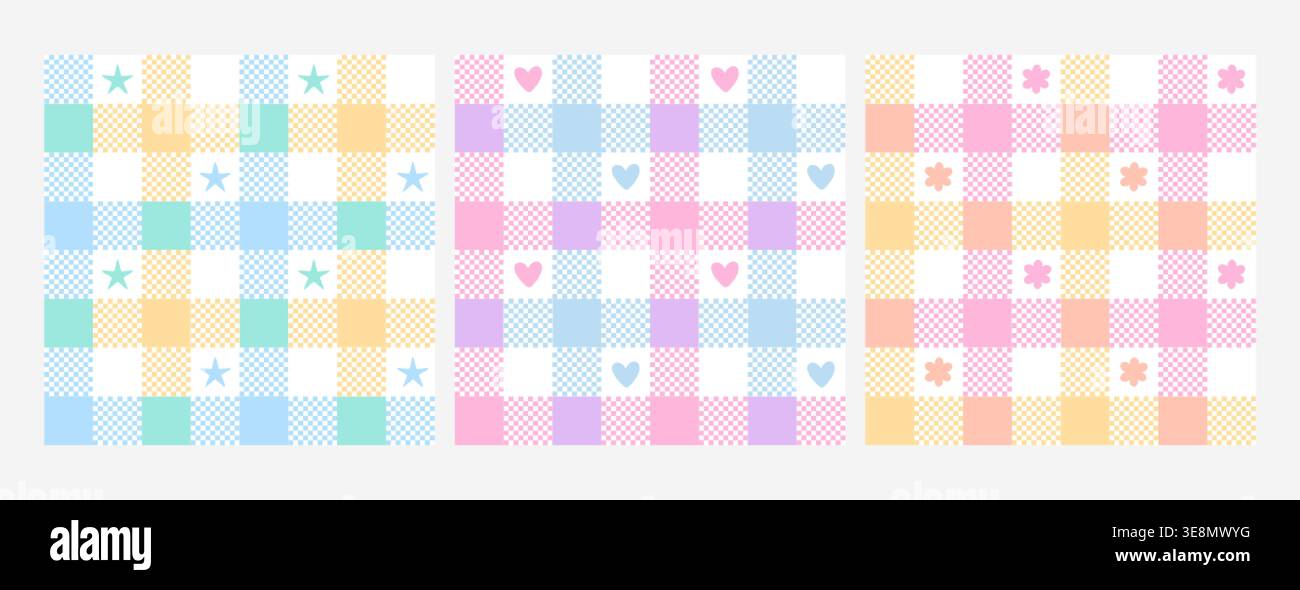 Nahtloses Karomuster mit niedlichen Herzen, Sternen und Blumen in blauen, gelben und rosa Farben. Geometrische Textur mit Gingham-Karomuster für Baby, Kinderzimmer, romantisches Design, Textildruck, Tapetenhintergrund Stock Vektor