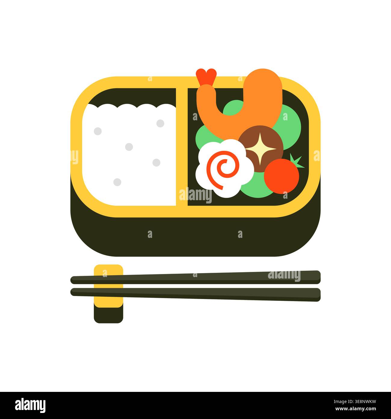 Ovales Bento Mittagessen mit gebratenen Garnelen, Fischkuchen, Tamago und verschiedenen Gemüsesorten in einer Box mit gelbem Rand Stock Vektor