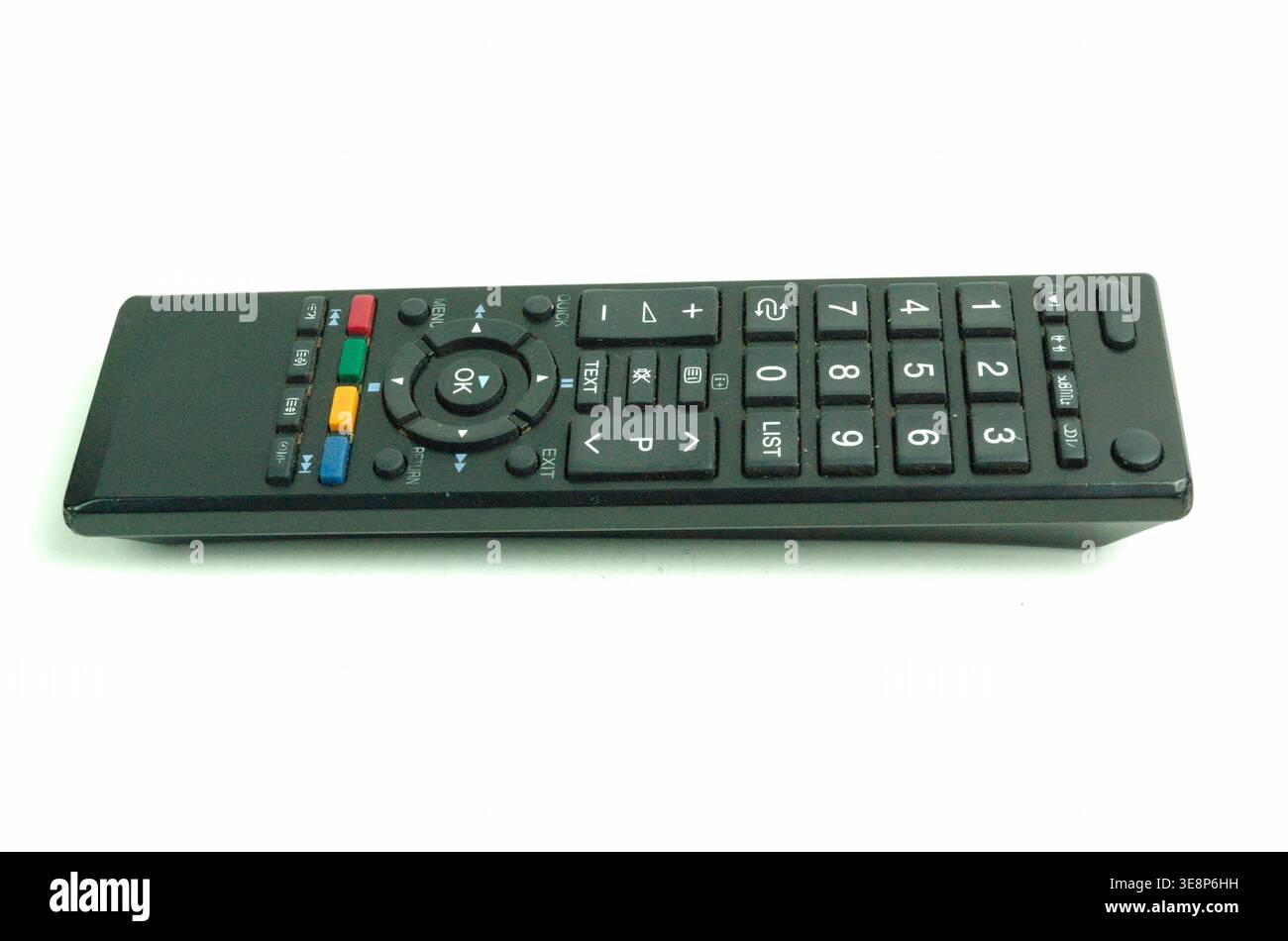TV-Fernbedienung auf weißem Hintergrund Stockfoto