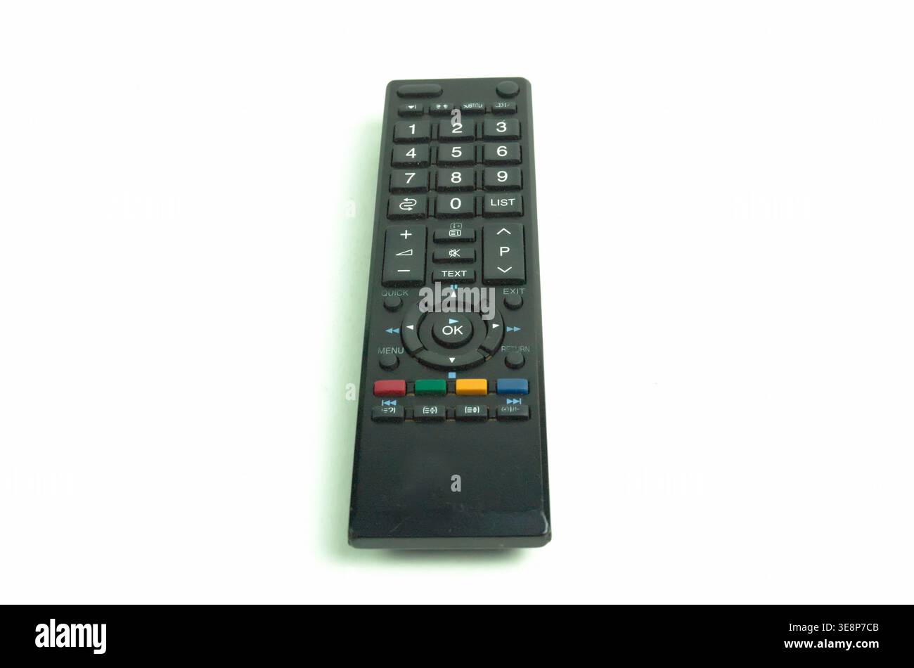 TV-Fernbedienung auf weißem Hintergrund Stockfoto