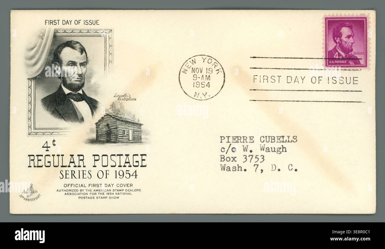 1954 First Day Cover für die 4-Cent-Briefmarke Abraham Lincoln Scott 1036, abgestempelt New York am 19. November 1954. Stockfoto