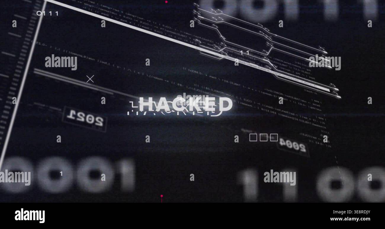 Eindringungsereignis, das HACKELN auf Sicherheits-HUD, binäre 1s 0s und Wireframe-Flimmern initiiert Stockfoto