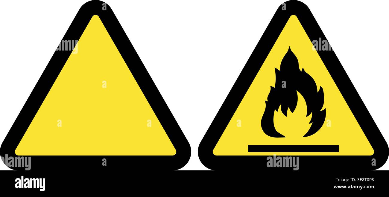 Gelbes Warndreieck mit Brandsymbolen – Symbolsatz Gefahr, Gefahr, brennbar Stock Vektor