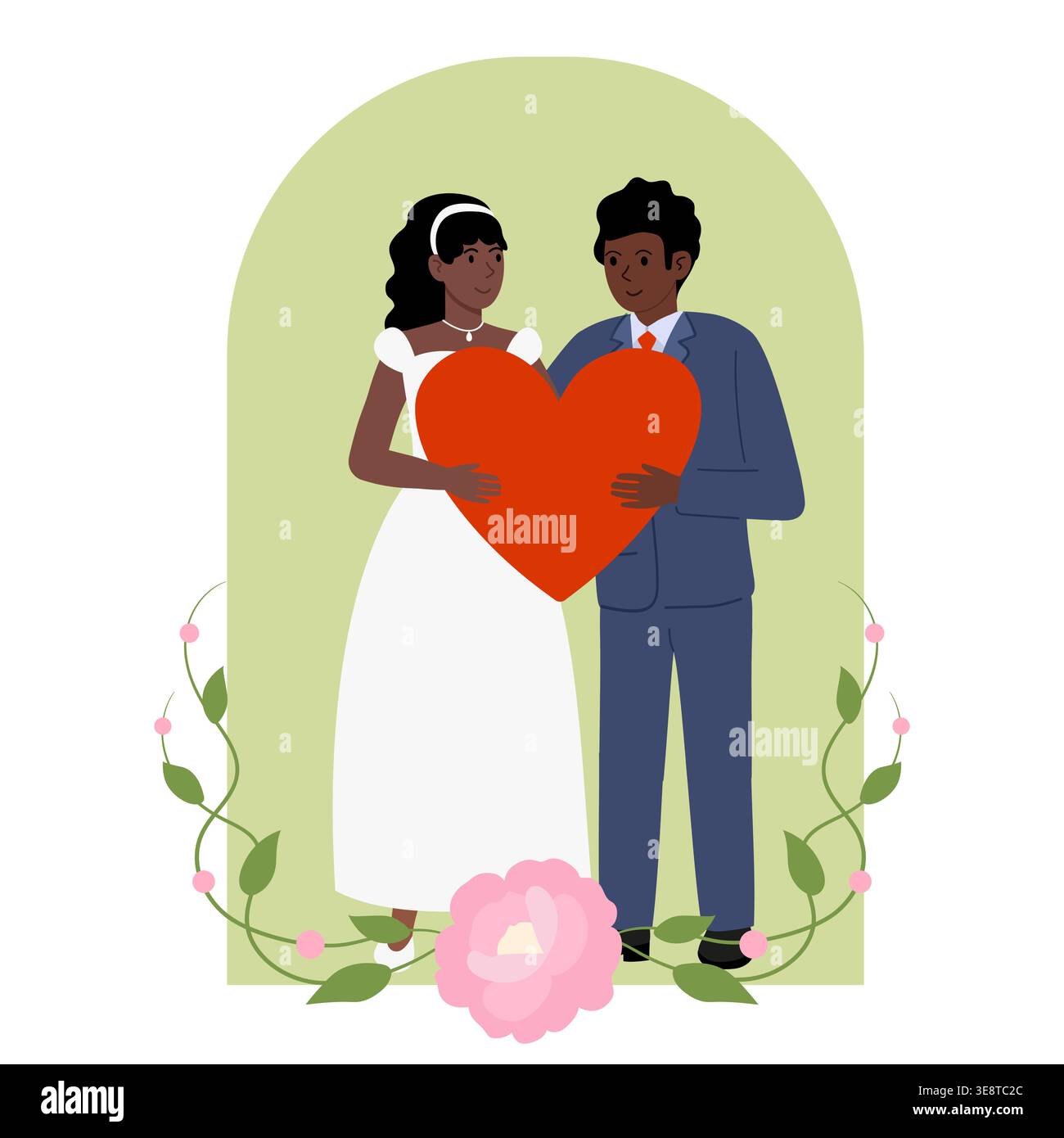 Verliebtes Paar heiratet. Frau in weißem Kleid, Mann im Hochzeitsanzug. Flache Illustrationseinladungen, romantische Feier. Stock Vektor