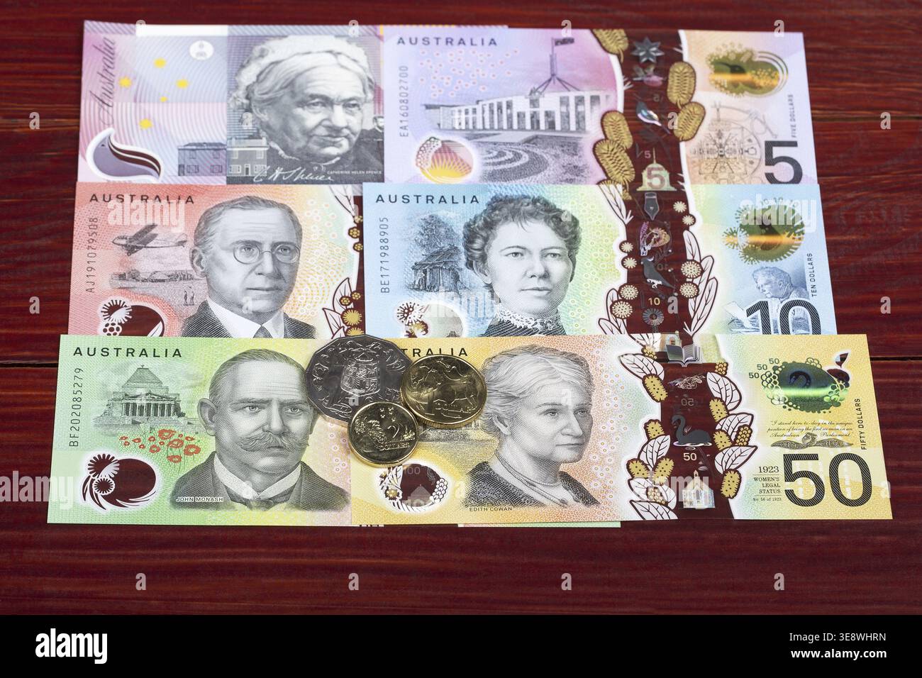 Australisches Geld - Dollar - Münzen und Banknoten Stockfoto