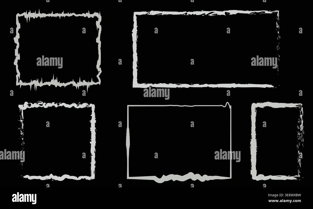 Grunge Distressed Frame Borders Set, rauer Pinsel rechteckige Formen isoliert auf schwarzem Hintergrund, abstrakte Vintage Border Kollektion Stock Vektor