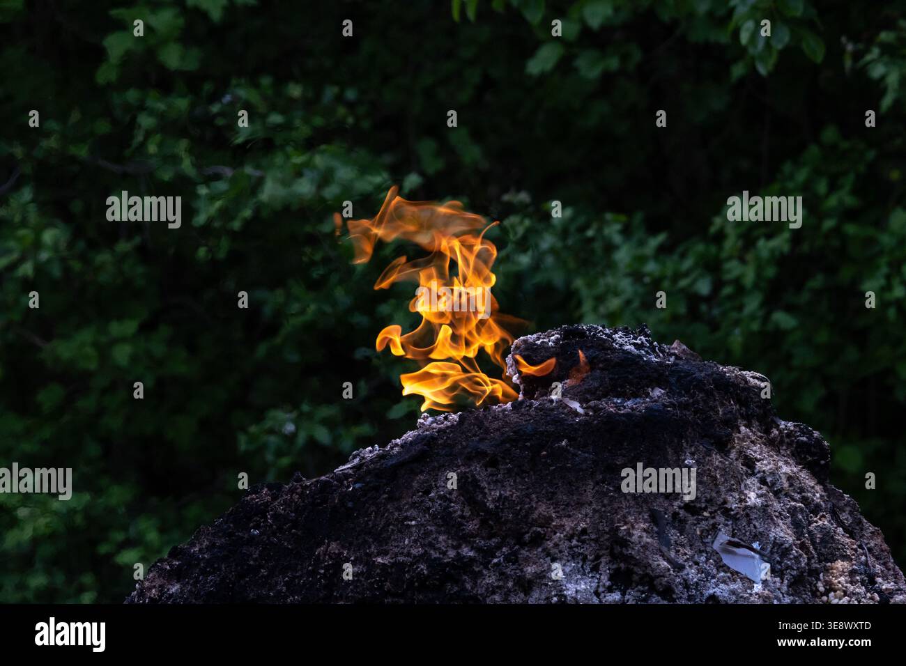 Aus der Nähe von knisternden Flammen werden Hitzewallungen über grauer Schlacke und glühender Glut sichtbar. Intensive Farben und scharfe Texturen zeigen die Rohchemie Stockfoto