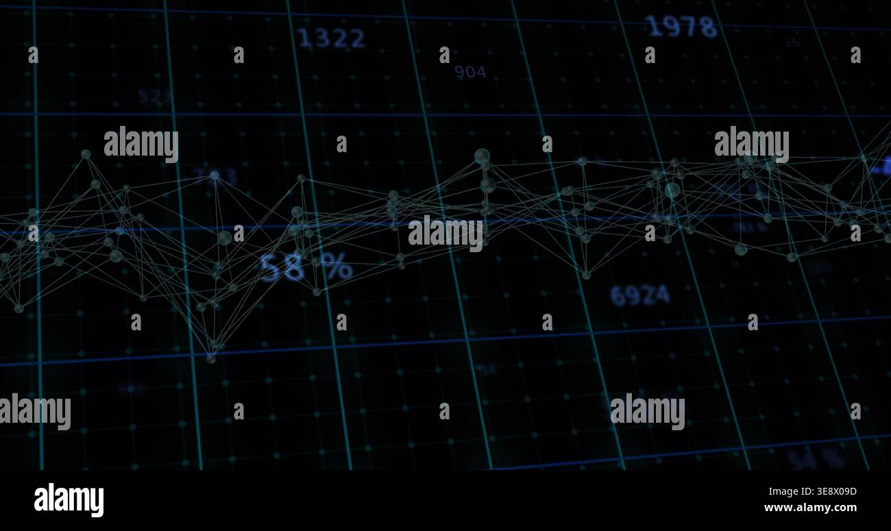Streaming eingehender Daten, die Drahtmodellnetzwerke auf dunkelblauem Raster steuern, mit kreisförmigen Knoten und 58 % Stockfoto