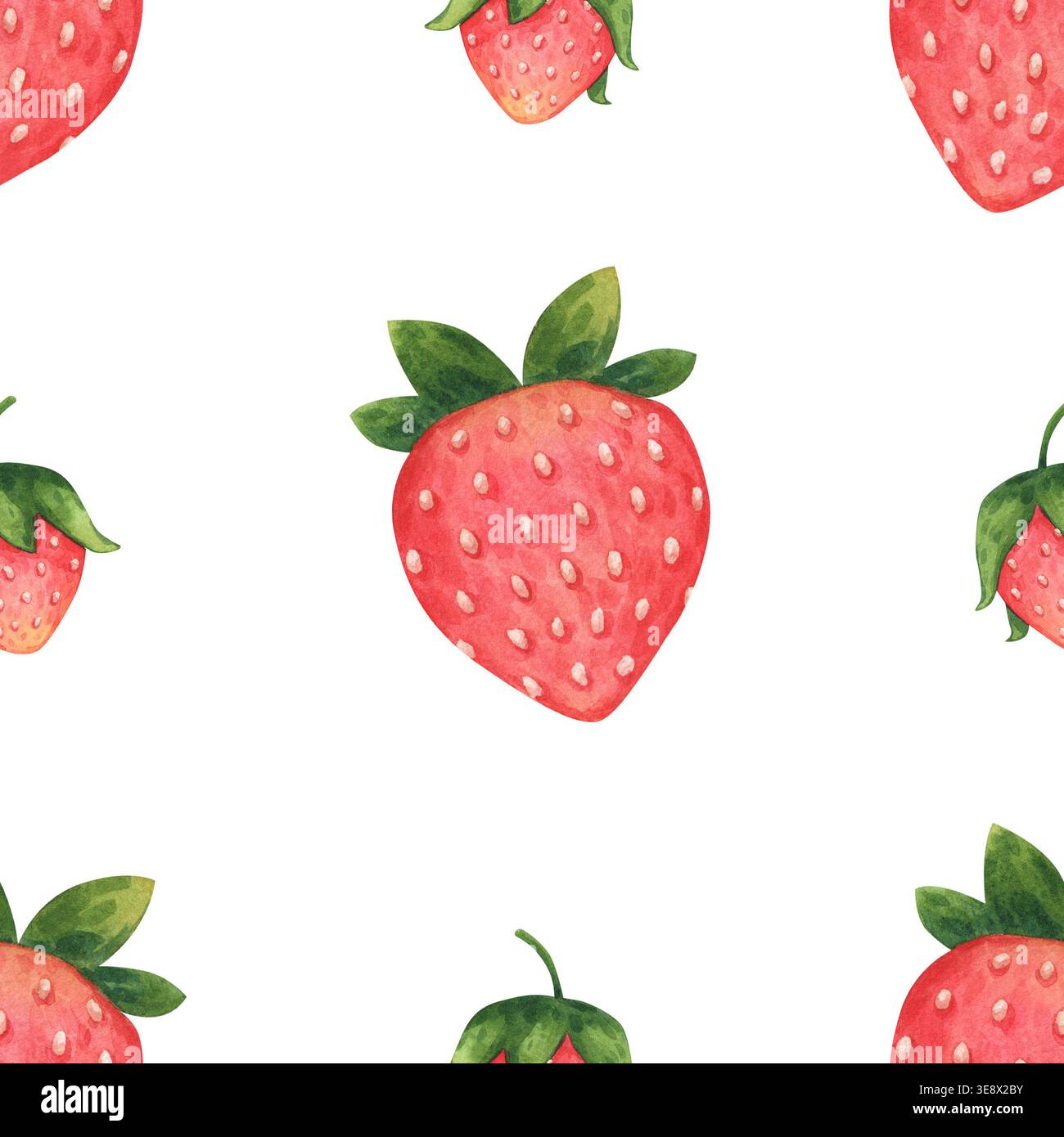 Einfaches nahtloses Muster reifer, saftiger Erdbeeren. Wild- oder Gartenbeeren im Zeichentrickstil. Handgezeichnete Aquarellillustration isoliert auf einem weiß Stockfoto