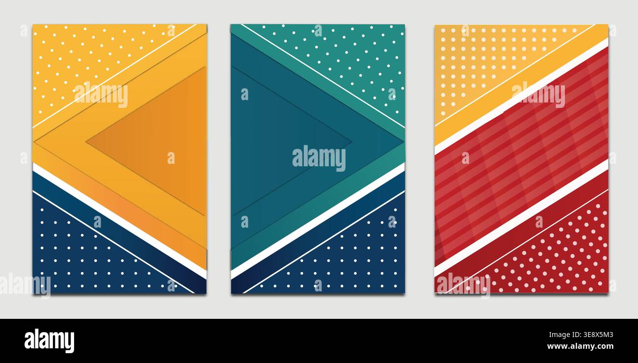 Abstrakte geometrische Postervorlagen, moderne, farbenfrohe Broschüreneinbände mit diagonalen Formen und Punktmuster Stock Vektor