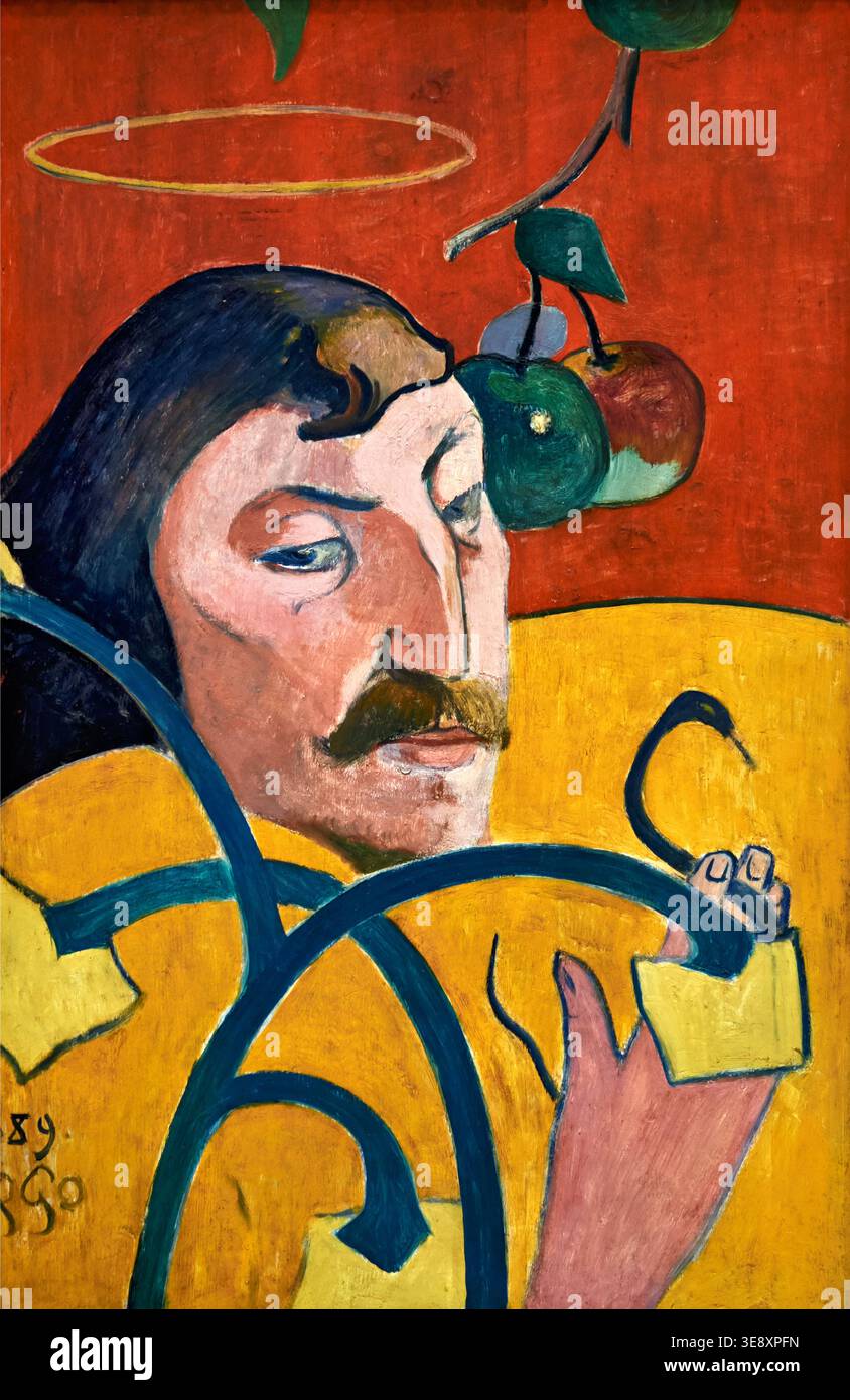 Paul Gauguins Selbstporträt von 1889 zeigt den Künstler, der den Betrachter mit Früchten oben betrachtet. Dieses Werk offenbart seinen einzigartigen Stil und Ausdruck. Stockfoto