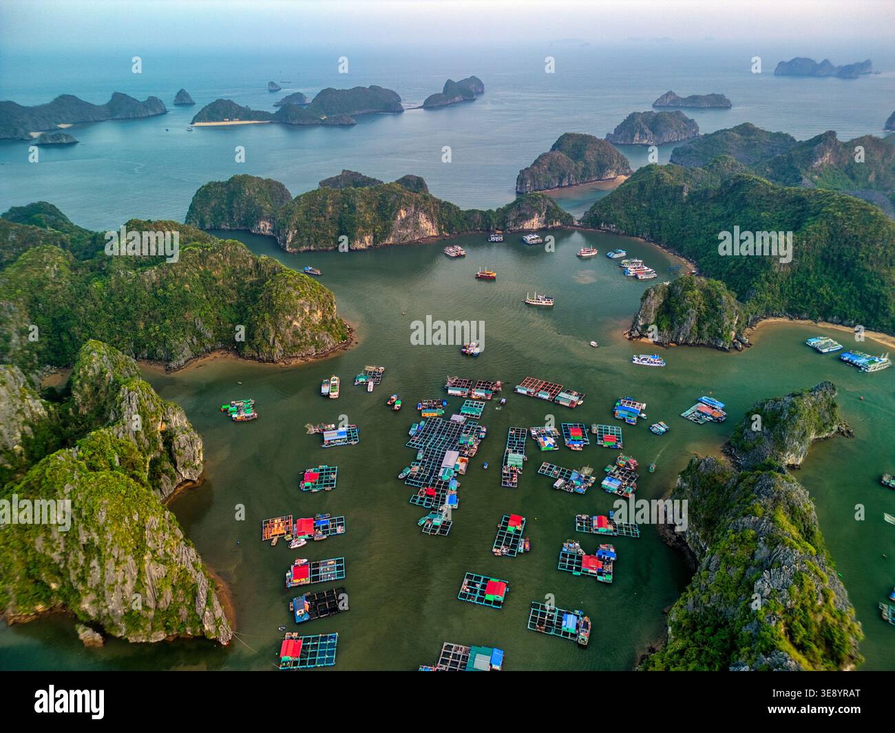 Aus der Vogelperspektive auf das schwimmende Dorf und die Fischfarmen im Cat Ba Archipel, umgeben von Kalksteinkarsten und smaragdgrünen Gewässern in Ha Tu, Hai Phong, VI Stockfoto