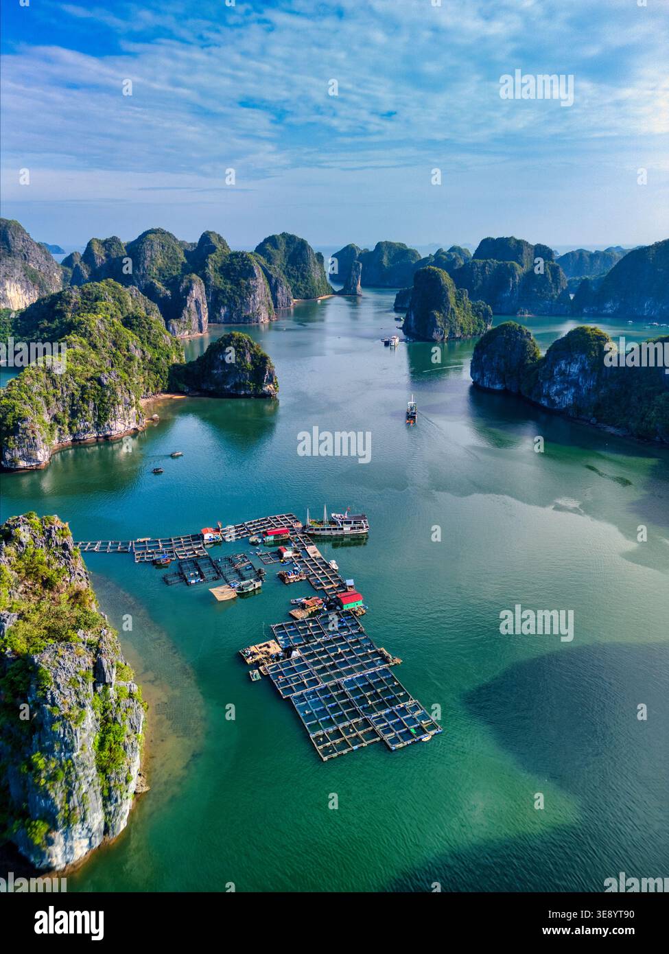Aus der Vogelperspektive des Cat Ba Archipels mit schwimmenden Fischfarmen und Kalksteinkarsten in smaragdgrünen Gewässern unter blauem Himmel in Ha Tu, Hai Phong, Vietnam. Stockfoto