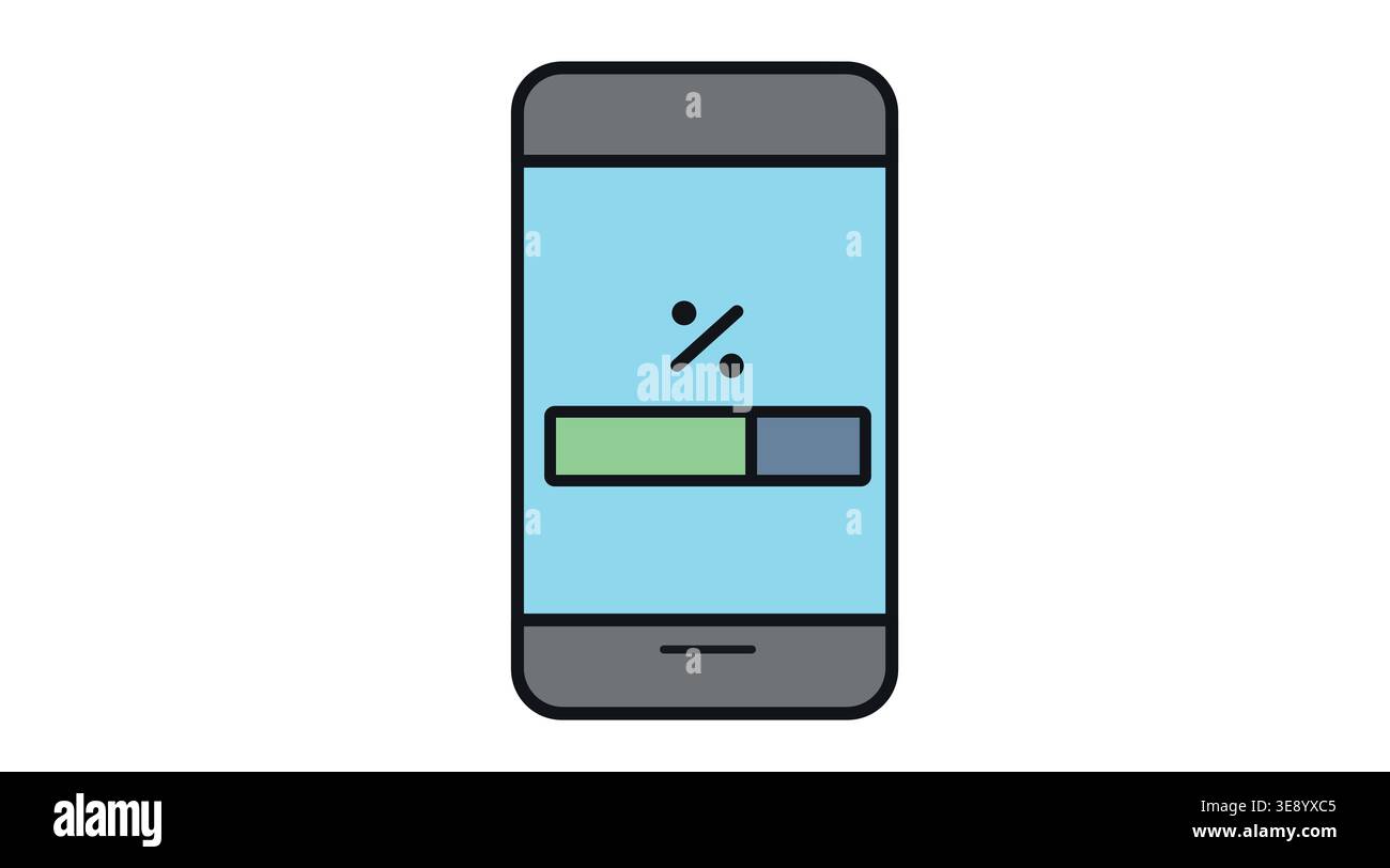 Symbol für Aktualisierung der Smartphone-Software und Ladefortschritt: Telefon mit Prozentbalken auf dem Bildschirm, sanften Farben, flacher Füllung und schwarzer Vektorgrafik. Stock Vektor