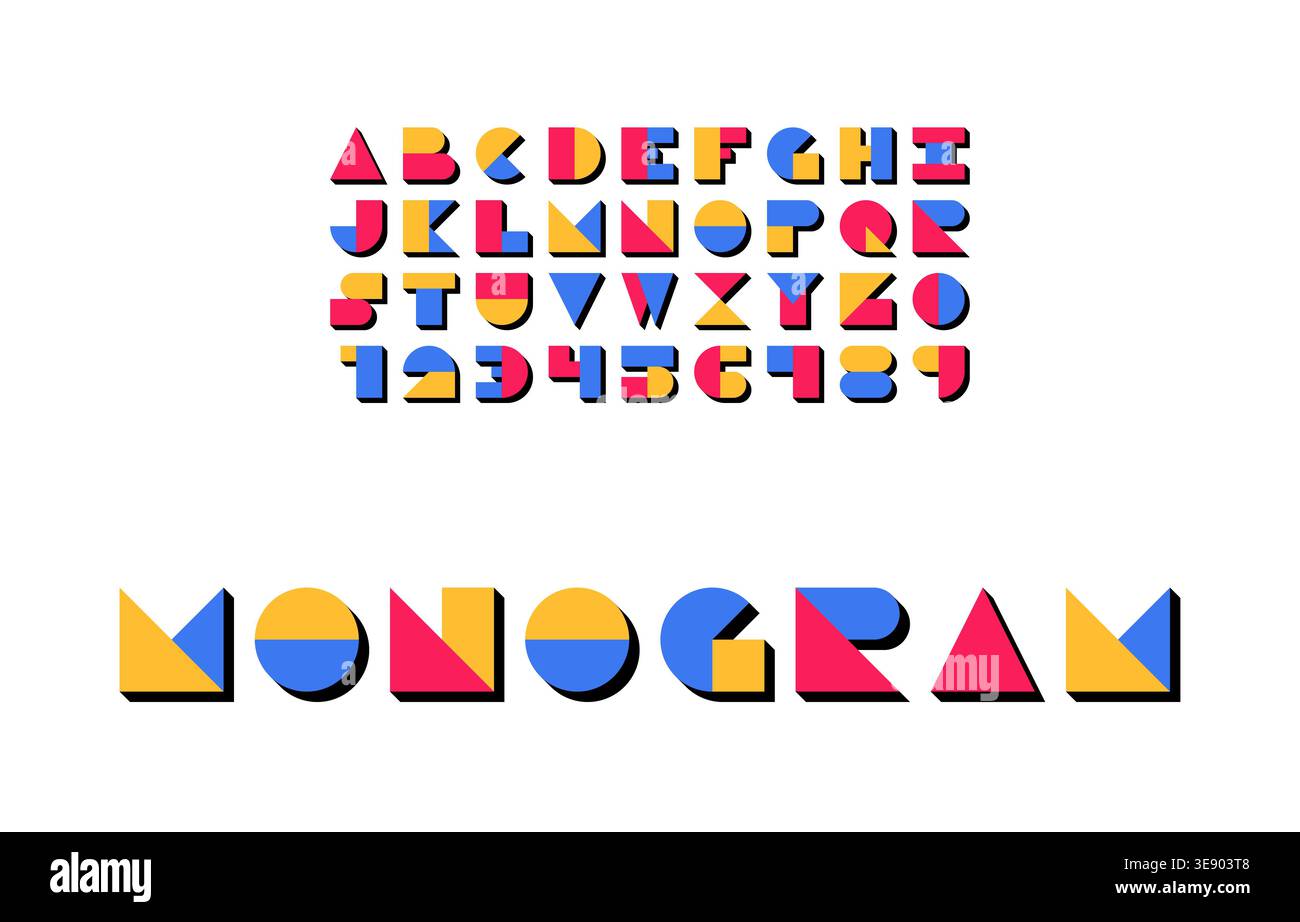 Kontrastreiche Bauhaus-Monogramm-Schriftart mit Primärfarben und geometrischer Alphabet-Vektor-Illustration Stock Vektor