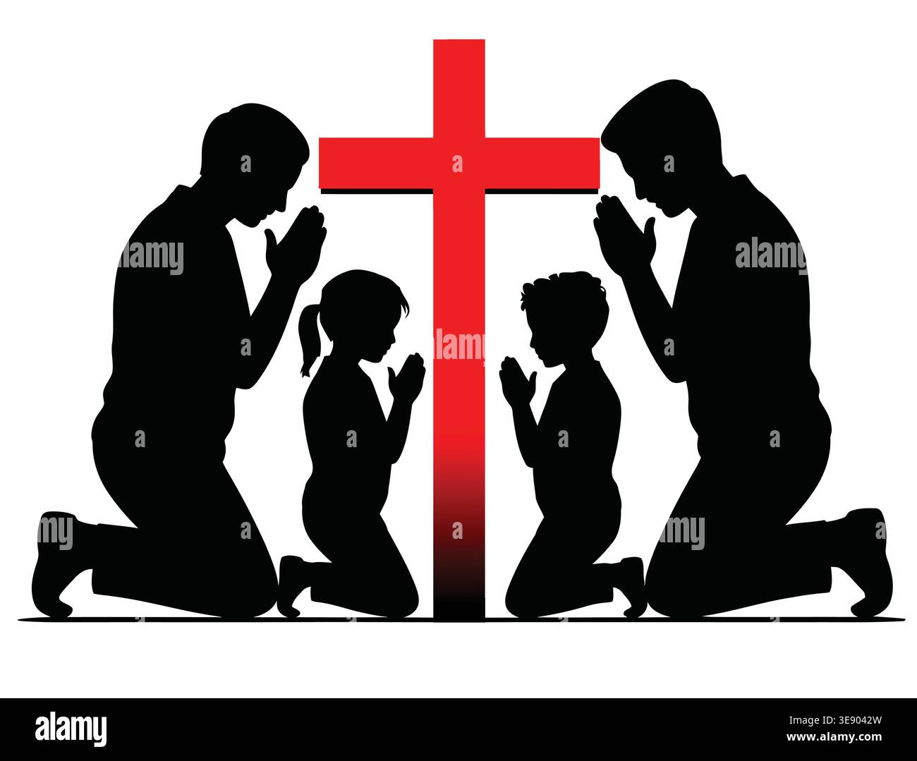 Familie betende Silhouette mit christlicher Kreuzglaubensverehrung Illustration Stock Vektor