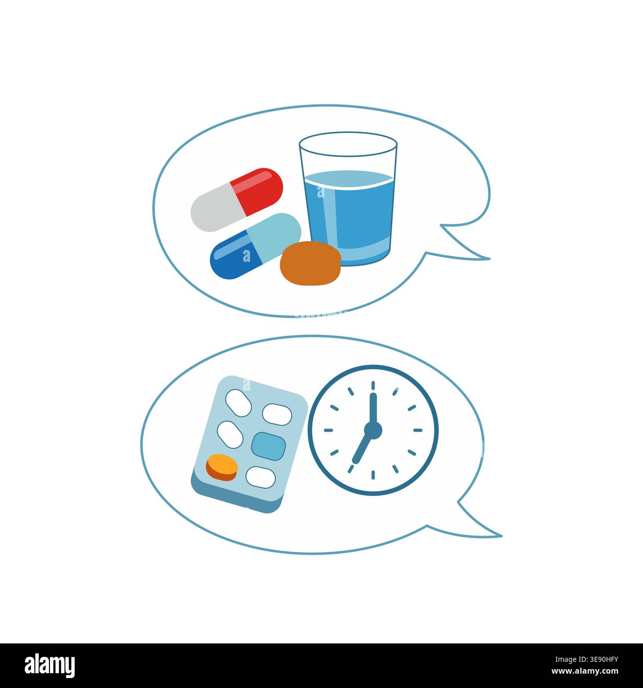 Flache Vektor-Illustration, die Pillen mit einem Glas Wasser und eine Blisterpackung mit einer Uhr in Sprechblasen zeigt, die medizinische Beratung und Timing darstellen Stock Vektor