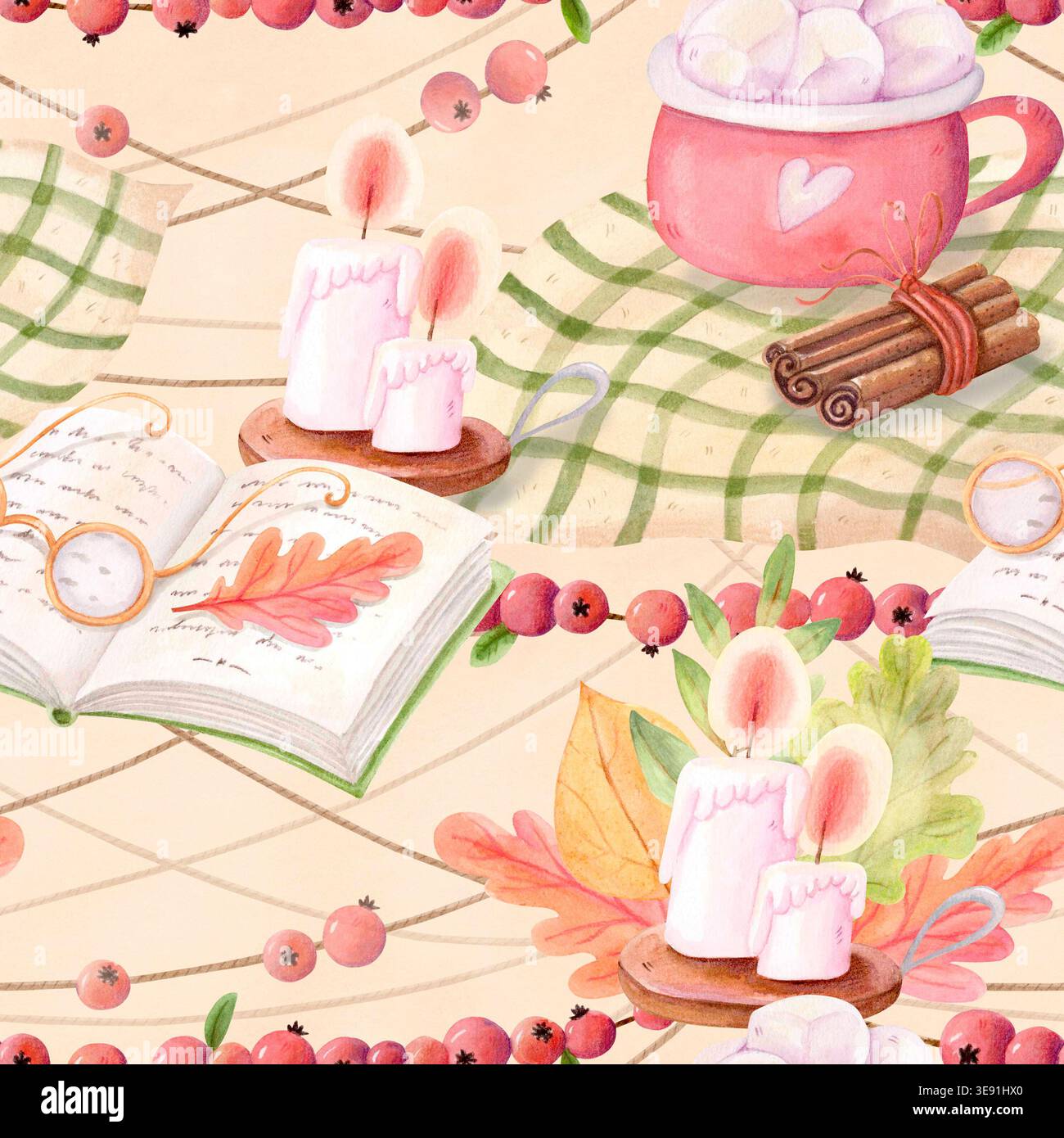 Aquarellmuster im Herbst mit heißer Schokolade, Kerzen, Buch und Gewürzen. Gemütliche Hygge Herbst Hintergrund Illustration Stockfoto