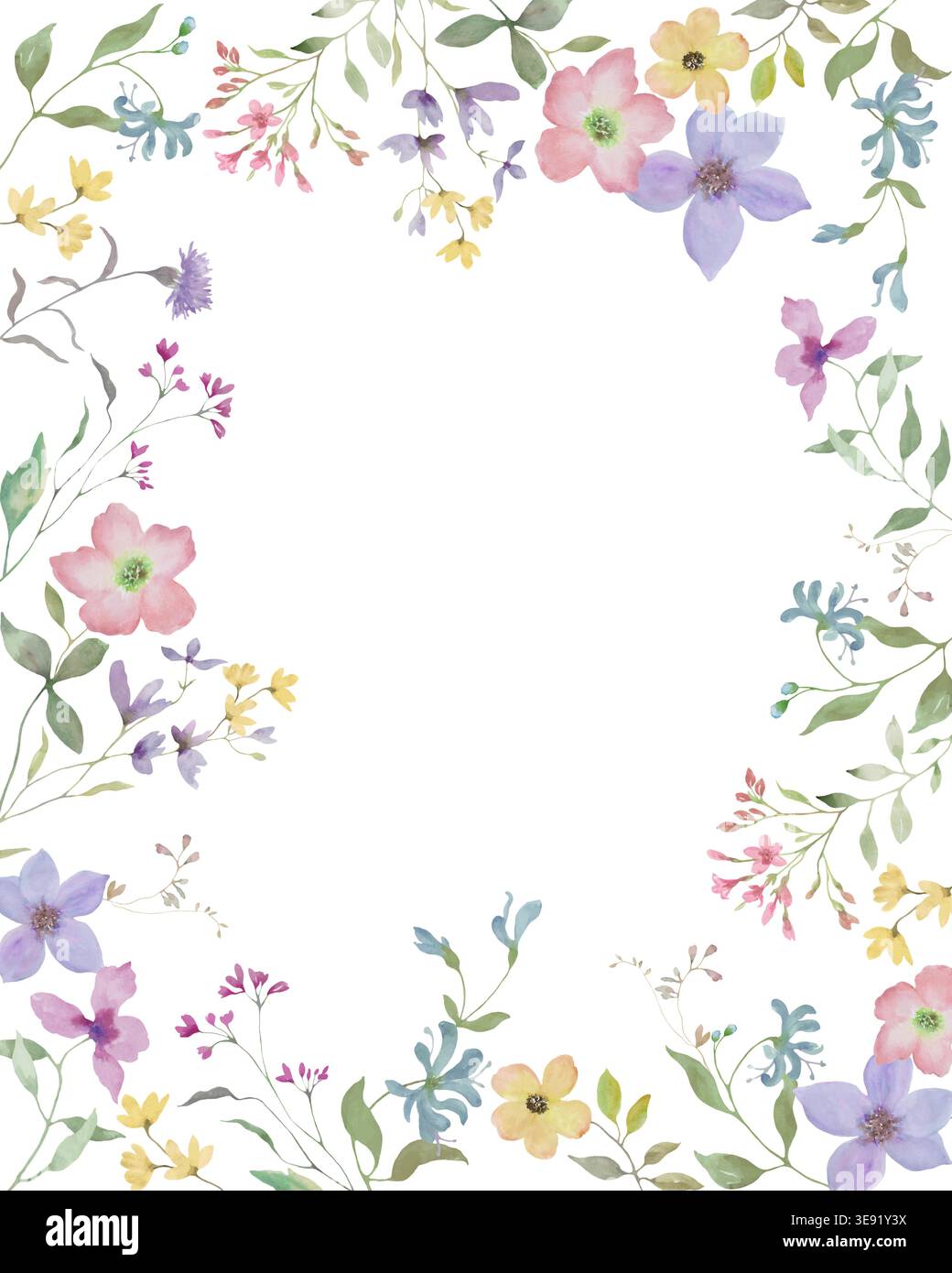 Quadratischer Rahmen mit Wildblumen in Aquarellfarben, handgemalte botanische Grenze mit bunten Wiesenblüten. Vektorillustration isoliert auf weißem baсkground. Stock Vektor