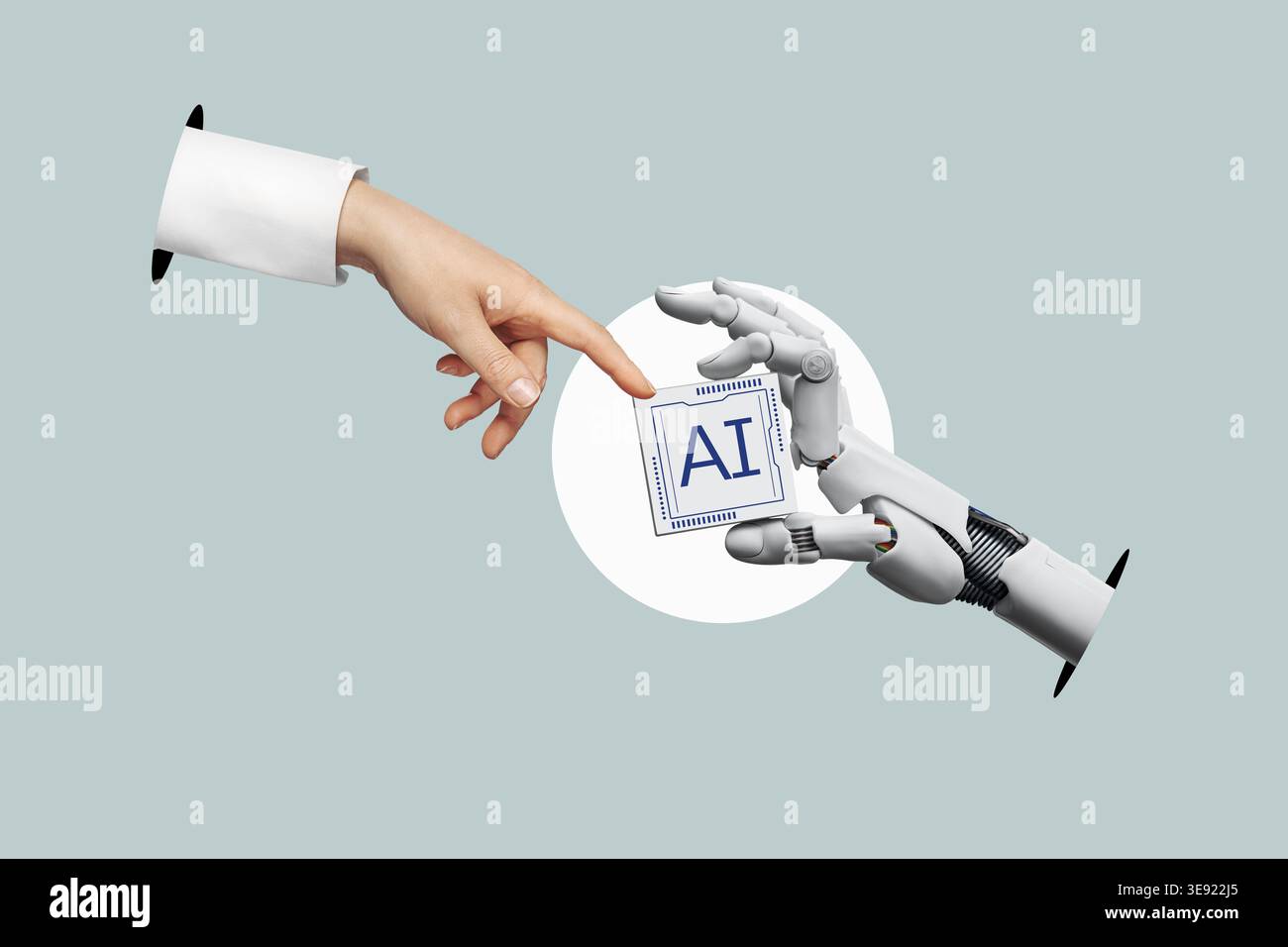 Die weiße Cyborg-Roboterhand hält die Ai-Technologie im Finger, und eine menschliche Hand streckt den Finger dafür aus – 3D-Rendering isoliert auf flachem Hintergrund Stockfoto