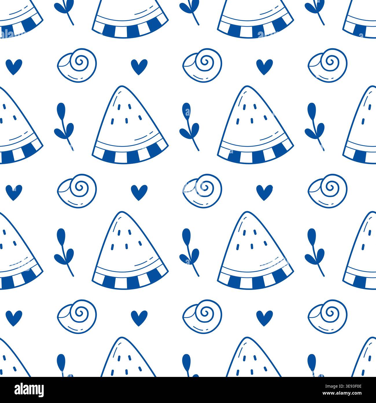 Wassermelone und Schale nahtloses Muster blaue Linie Kunst Kritzelei Sommer Strand Hintergrund für Textildruck Stock Vektor