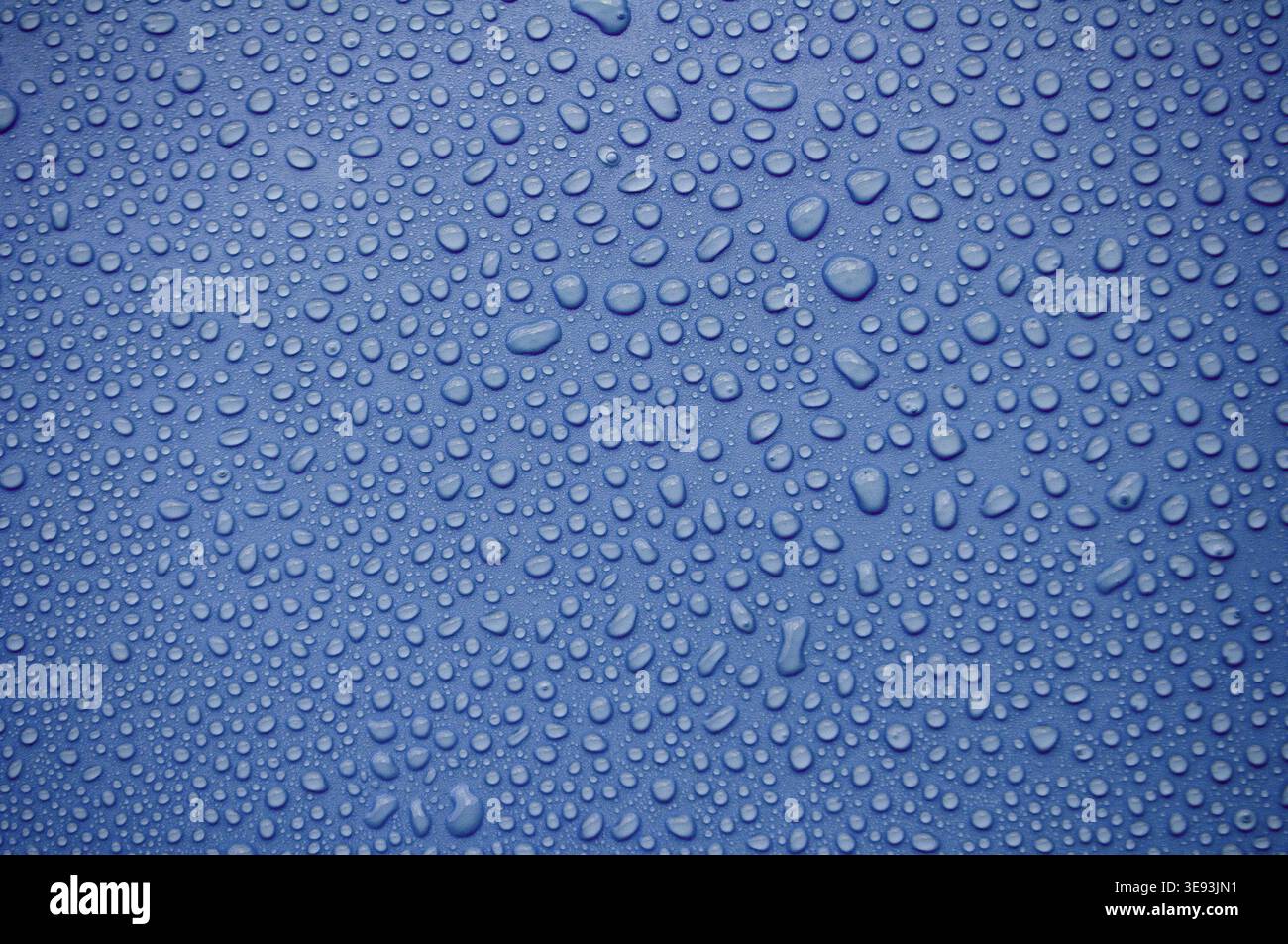 Leuchtend blaue Oberfläche gefüllt mit detaillierten Wassertröpfchen, die einen glänzenden flüssigen Hintergrund bilden Stockfoto