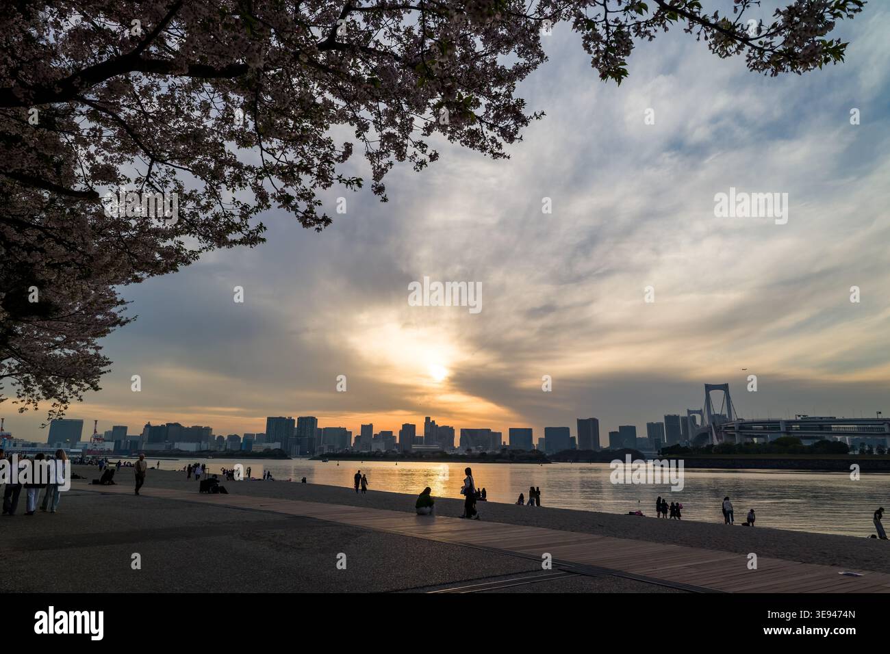 Goldener Sonnenuntergang hinter der Skyline von Tokio und der Regenbogenbrücke in Odaiba Stockfoto