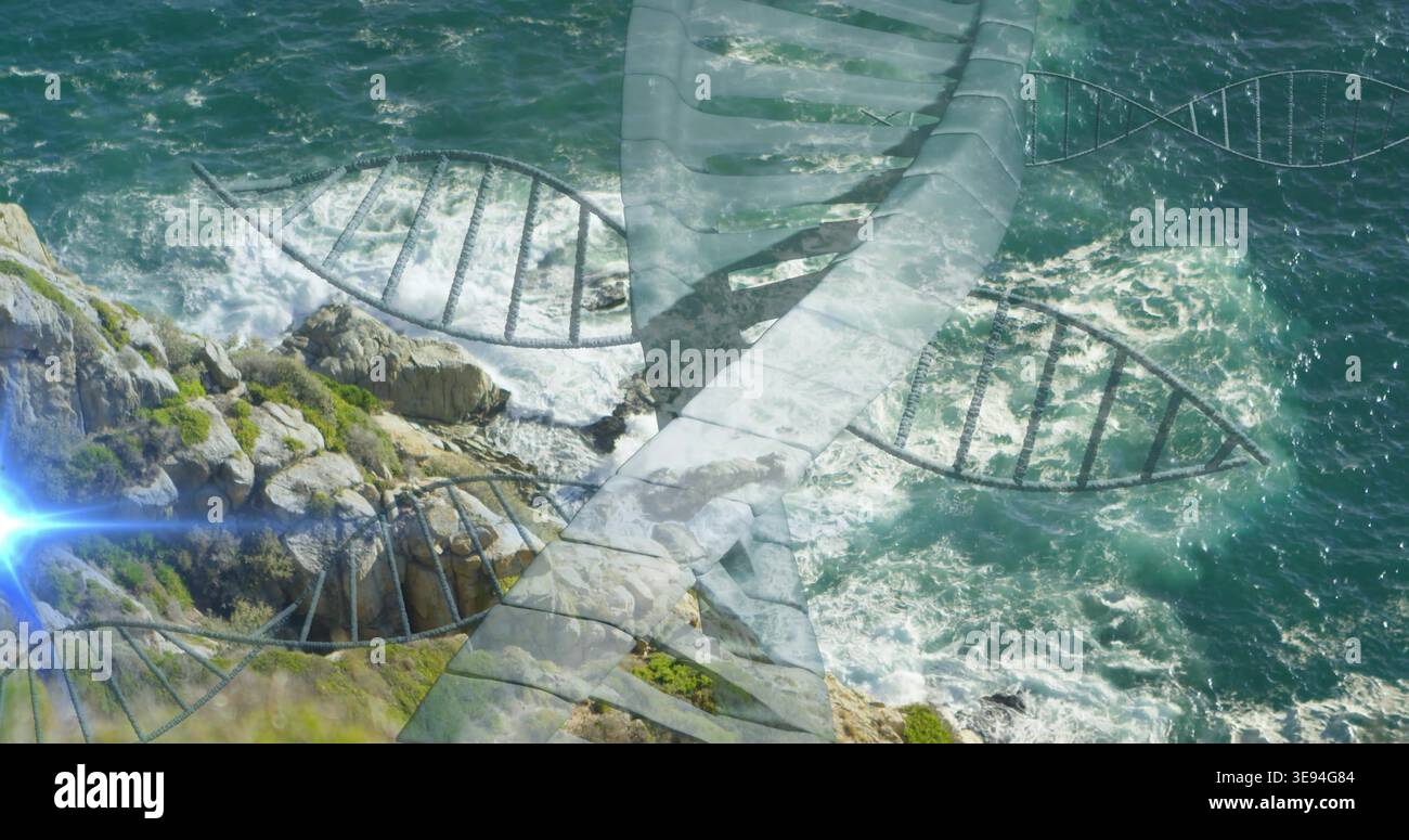 Sie zeigt eine durchscheinende DNA-Helix, die Küstenklippen überquert, Wellen bricht, grüne Vegetation, Linsenflecken Stockfoto