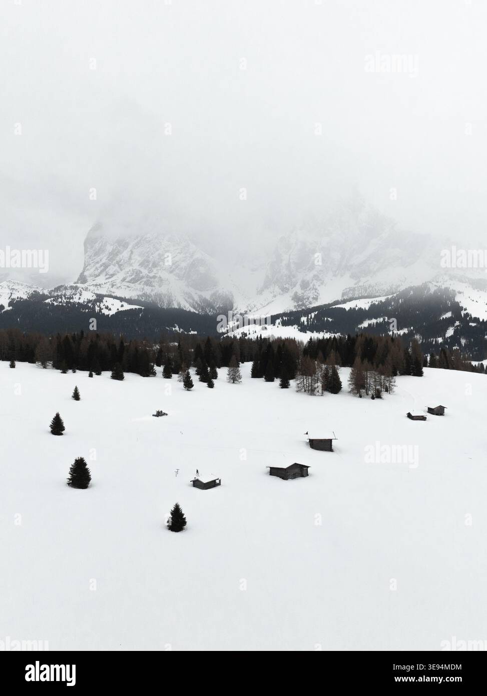 Blick aus der Vogelperspektive auf die Seiser Alm mit Holzhütten auf einem schneebedeckten Feld und Kiefern unter nebeliger Bergkulisse in der Provincia autonoma di Bozen Stockfoto