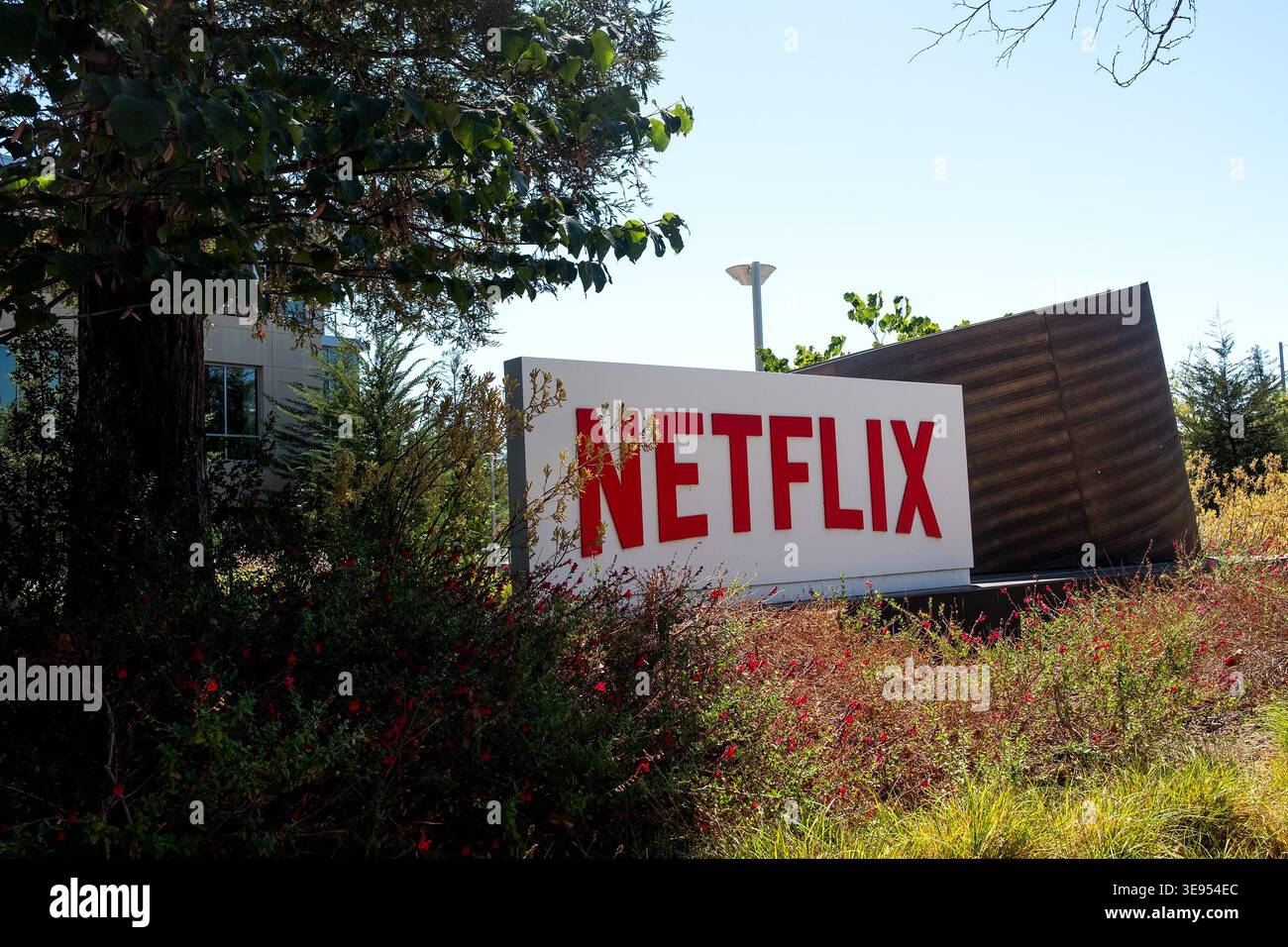 Ein großes Netflix-Schild steht gut sichtbar in einem landschaftlich gestalteten Bereich mit Bäumen und Sträuchern. Stockfoto