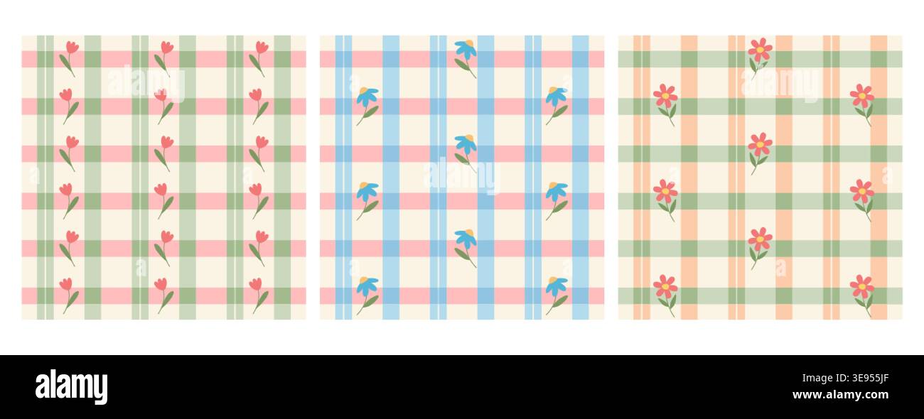 Nahtloses Vichy-Karomuster, quadratischer Hintergrund mit süßen Blumen in Pastellfarbe. Geometrische Struktur mit Gingham-Blumenmuster und kariertem Frühlingsmuster für Stoffdesign, Textildruck auf der Tischdecke, Picknickdecke Stock Vektor