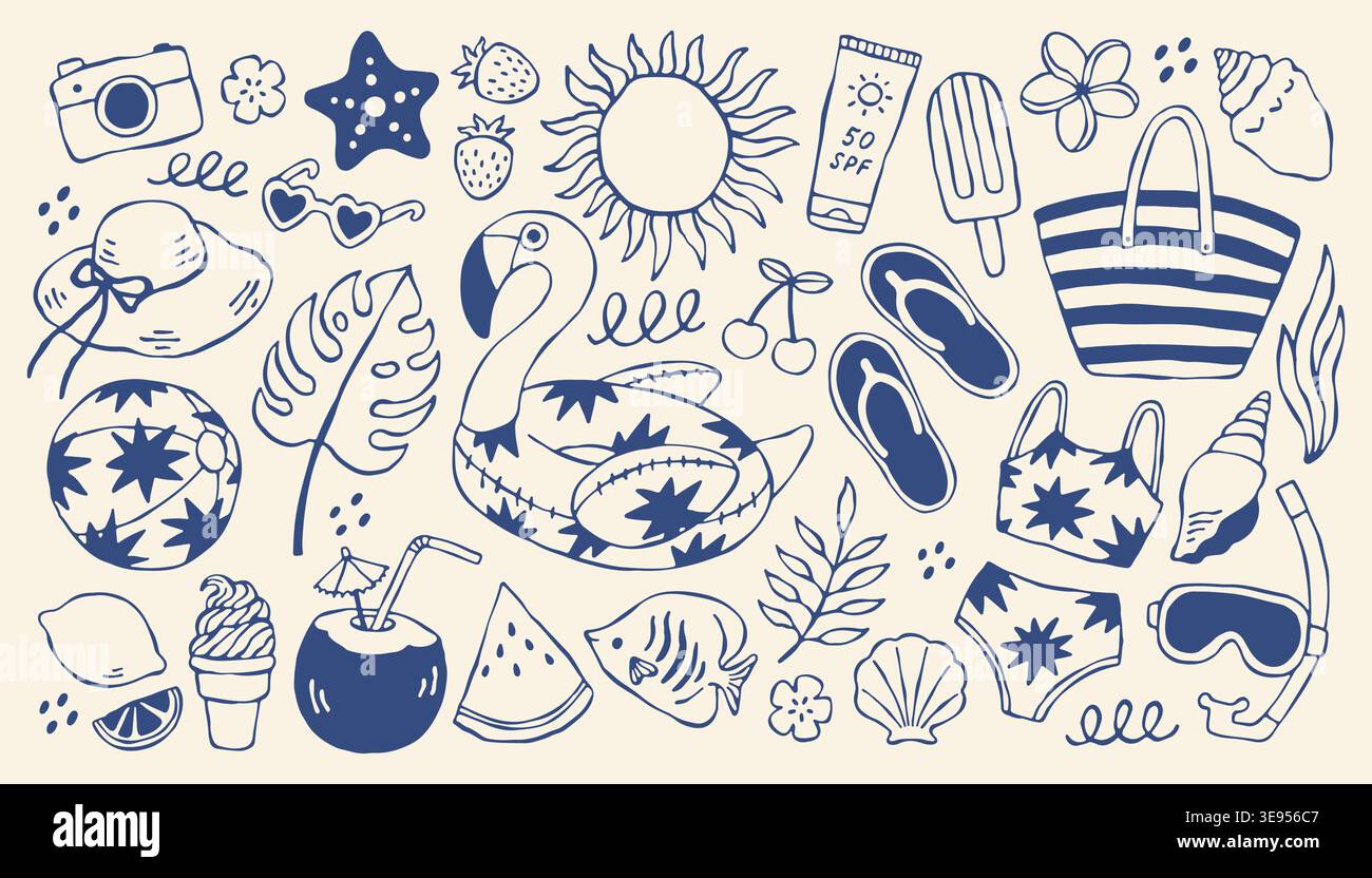 Mediterraner Sommervektor mit Strandsymbolen und tropischen Elementen. Handgezeichnete blaue Reiseabbildungen mit Flamingo, Sonne und Früchten für Stock Vektor