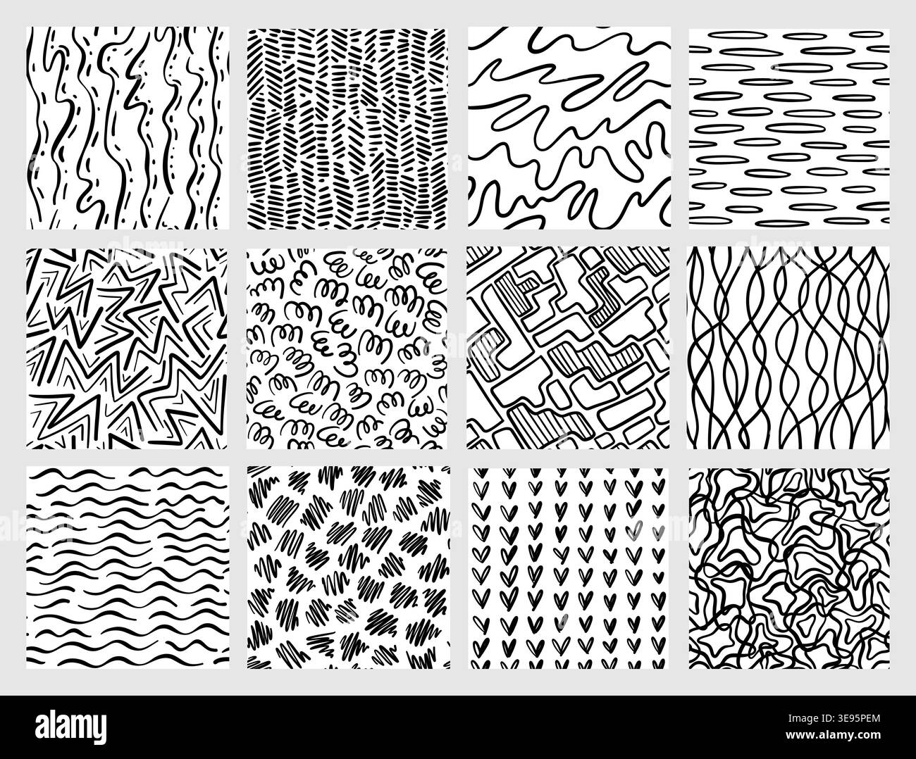 Kritzeln Sie nahtlose Muster mit Wellenlinien, Fischgrätenmarkierungen, Squiggles, ovale, Zickzack, abstrakte Locken, Labyrinth wie Formen, überlappende Loops, verstreut Stock Vektor
