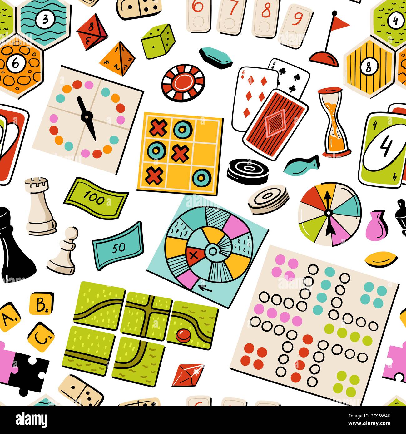 Brettspiel nahtloses Muster mit bunten Cartoon-Tischplatten, Karten, Würfel, Domino, Spinner, Schachfigur, Tic Tac Toe, Schlangenleiter, Ludo und Bingo Stock Vektor