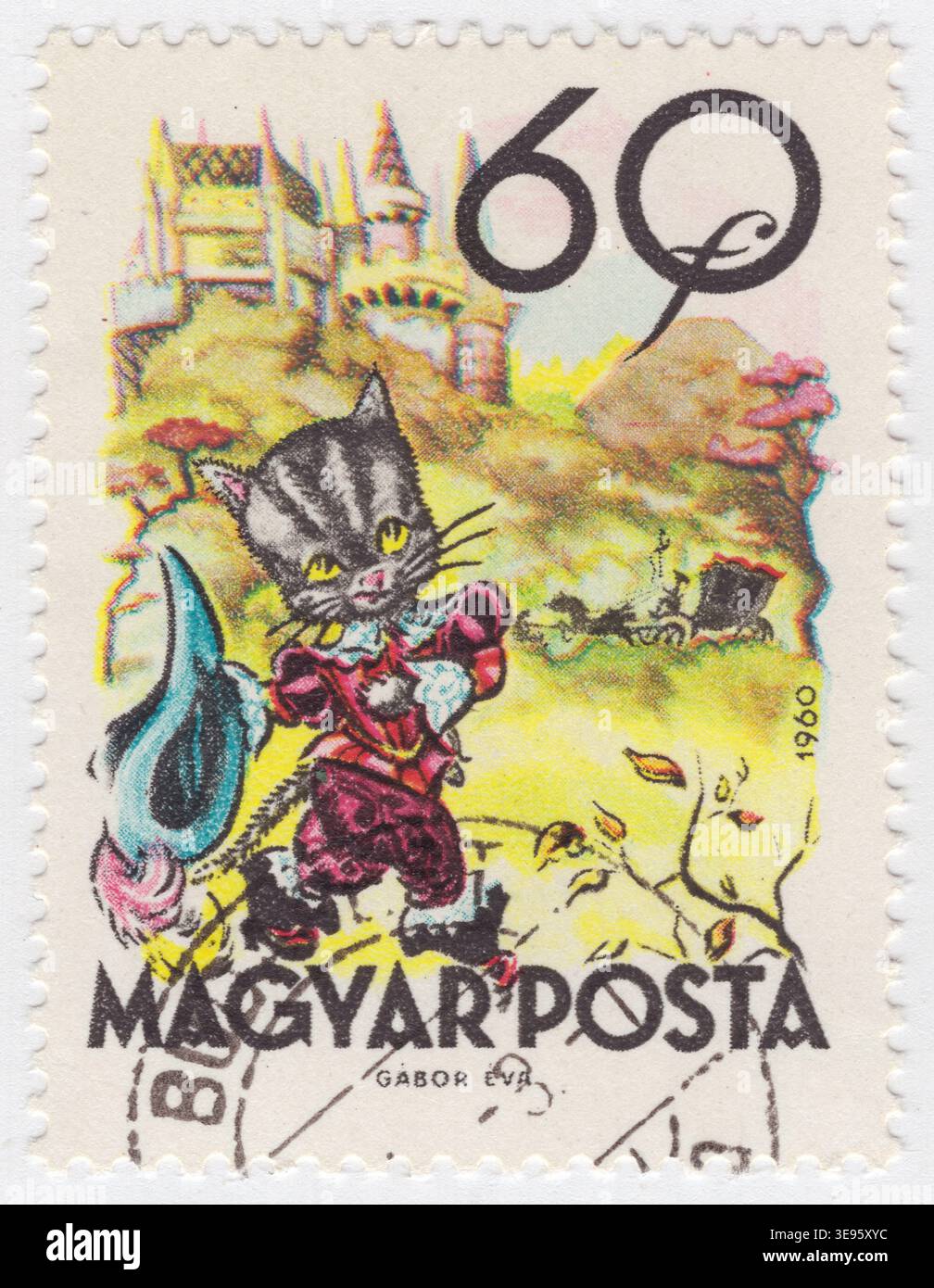 UNGARN - 1960. Dezember 1: 60 Filér mehrfarbige Briefmarke zeigt das klassische europäische Märchen „Puss in Stiefeln“. Die Szene wurde von der Künstlerin Eva Gábor geschaffen und zeigt eine raffinierte anthropomorphe graue Tabby-Katze in kunstvoller Kleidung aus dem 17. Jahrhundert, darunter ein rotes Wappen, einen großen gefiederten Hut und die legendären schwarzen Stiefel. Im Hintergrund befindet sich eine majestätische Burg auf einem Hügel, während eine Pferdekutsche durch eine goldene Landschaft fährt. Der skurrile Aquarellstil fängt den Charme dieses Folklore-Charakters ein, der mit Witz und Trickerei Wohlstand und Adel für seinen Meister sichert Stockfoto