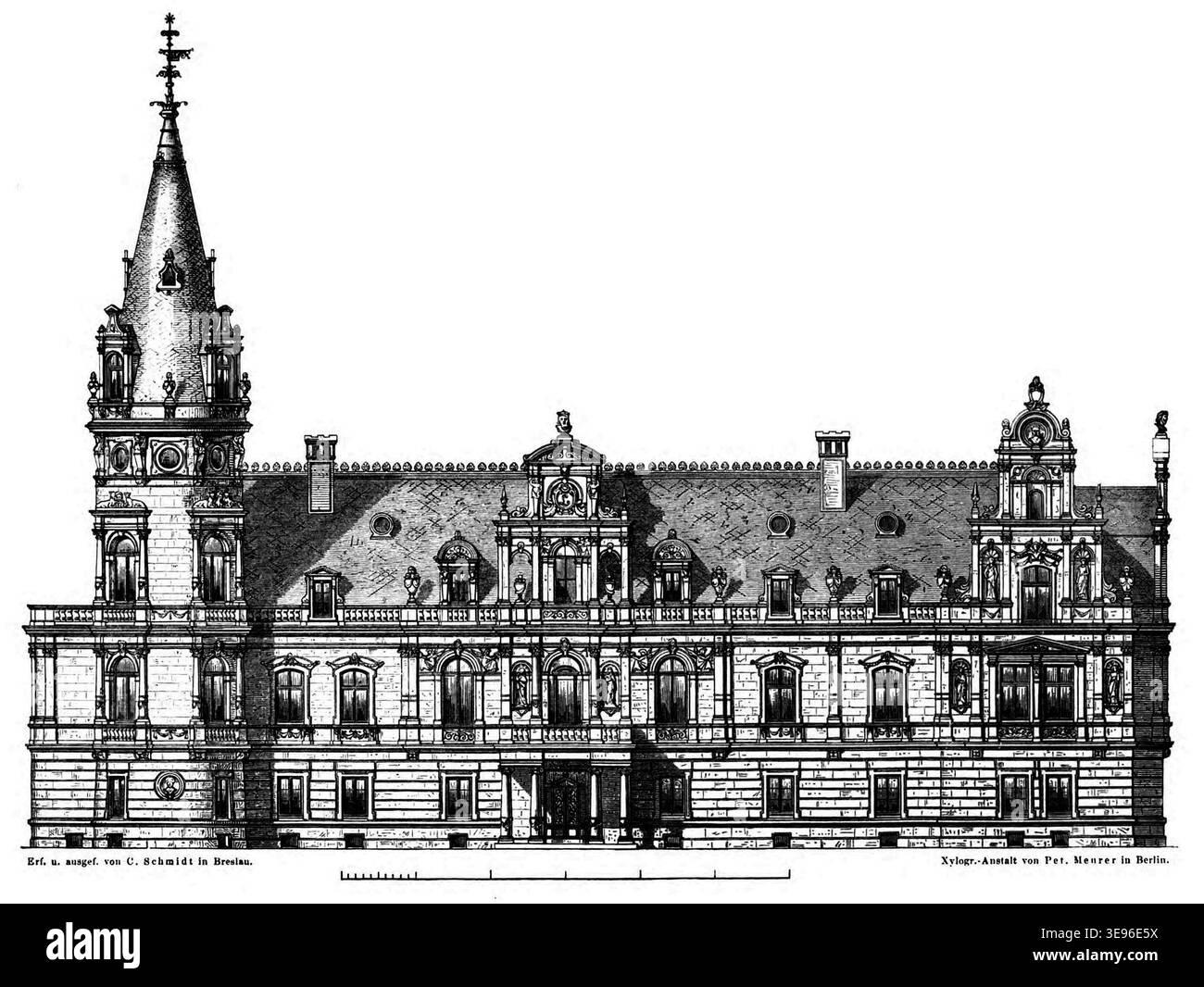 Carl Schmidt (1836–1888) war ein deutscher Architekt. Der Entwurf des Schlosses Eisersdorf von 1869 zeigt geplante Sanierungen des Anwesens aus dem 19. Jahrhundert. Das Archivbild reproduziert Schmidts Architekturzeichnungen und Entwurfsvorschläge. Stockfoto