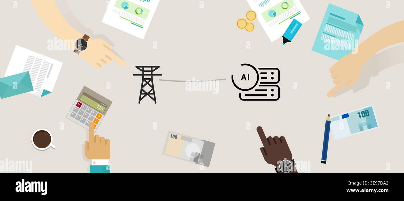 Hände und Finanzdokumente, die Daten zur Überwachung des Energieverbrauchs des Stromübertragungsturms zeigen, die einen Server für künstliche Intelligenz zeigen Stock Vektor