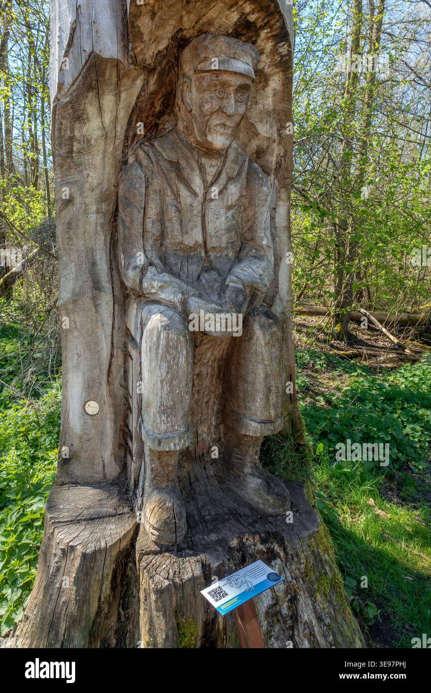 Holzskulptur von Sander Goossens, Köder von Entenköder für den Fang von Wildenten am Donkmeer-See in Overmere-Donk, Berlare, Ostflandern, Belgien Stockfoto