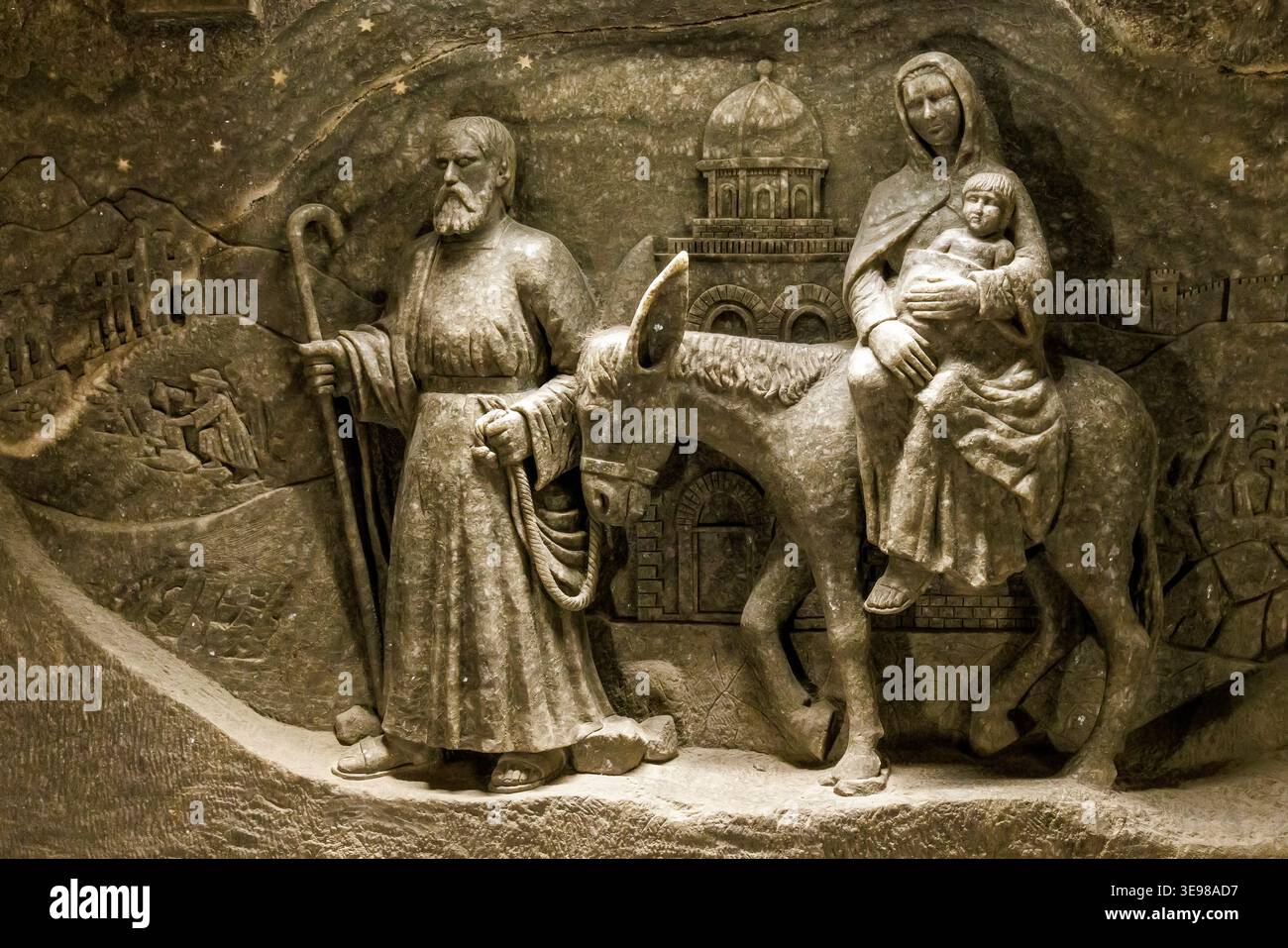 Flug nach Ägypten, Steinsalzskulptur, Salzbergwerk Wieliczka, Polen Stockfoto